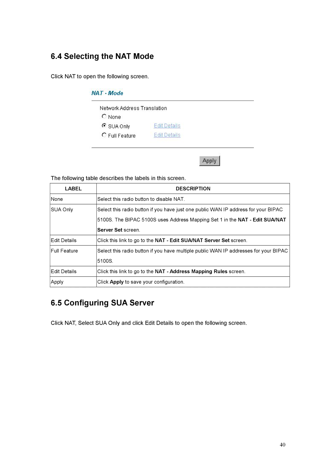 Billion Electric Company 5100S user manual Selecting the NAT Mode, Configuring SUA Server 