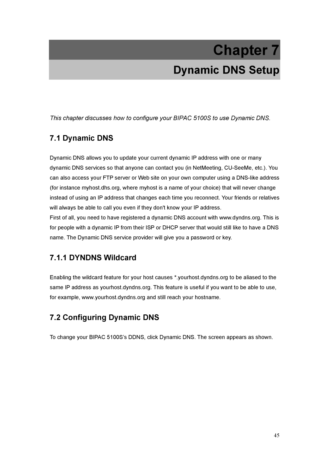 Billion Electric Company 5100S user manual Dynamic DNS Setup, Dyndns Wildcard Configuring Dynamic DNS 