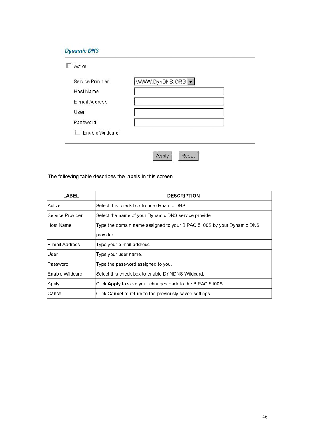 Billion Electric Company 5100S user manual Following table describes the labels in this screen 