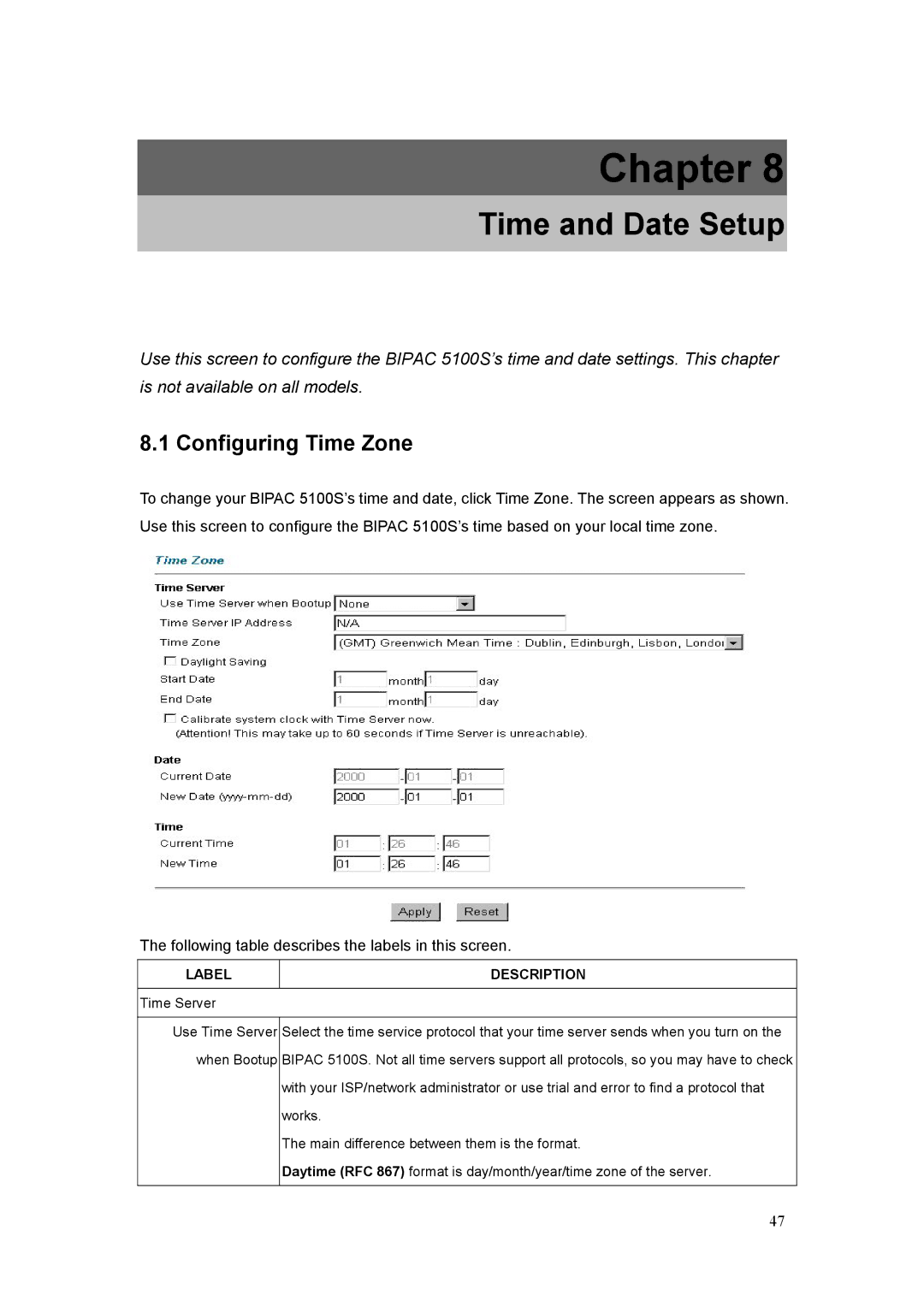 Billion Electric Company 5100S user manual Time and Date Setup, Configuring Time Zone 