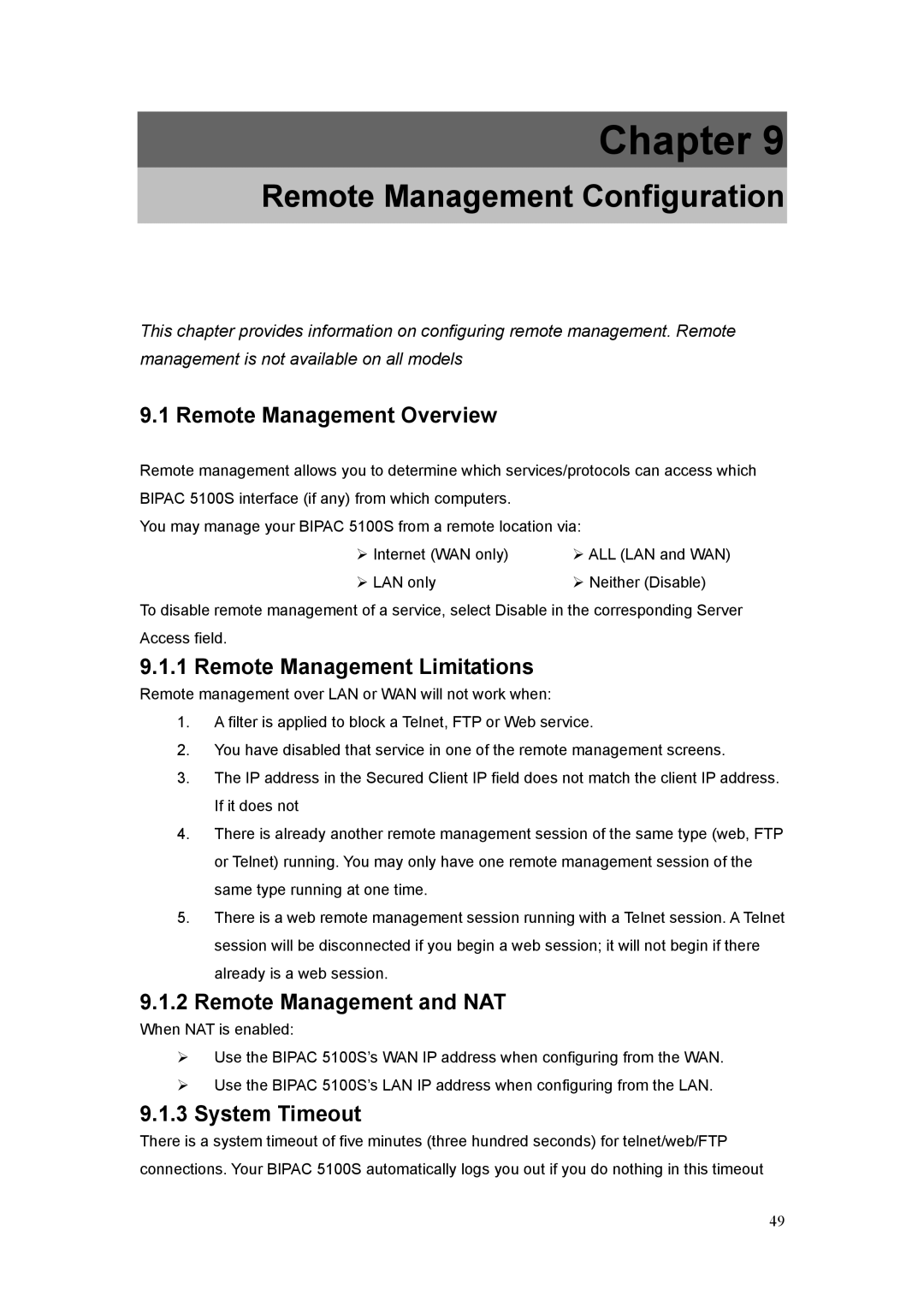 Billion Electric Company 5100S Remote Management Configuration, Remote Management Overview, Remote Management Limitations 