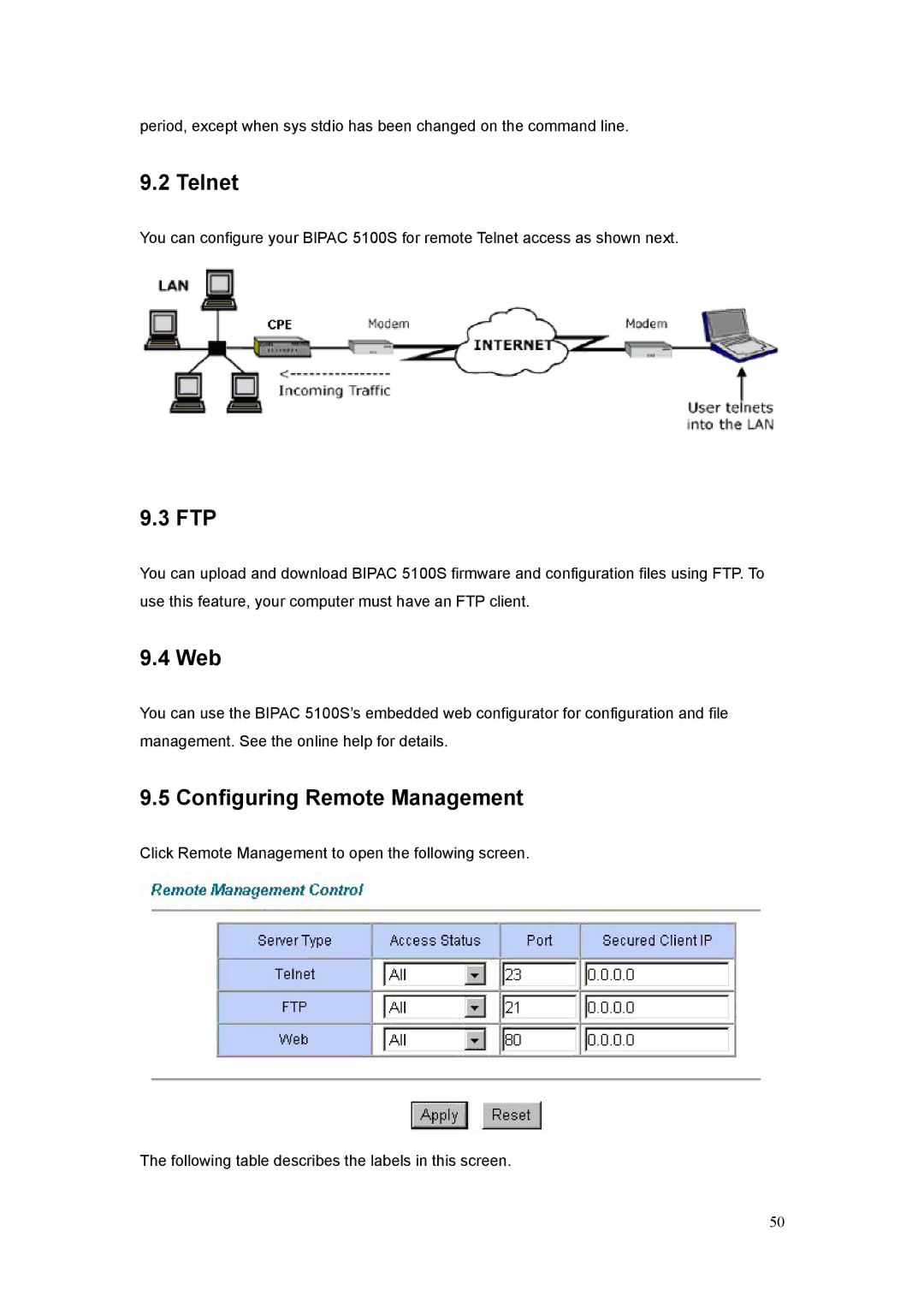 Billion Electric Company 5100S user manual Telnet, Ftp, Web, Configuring Remote Management 