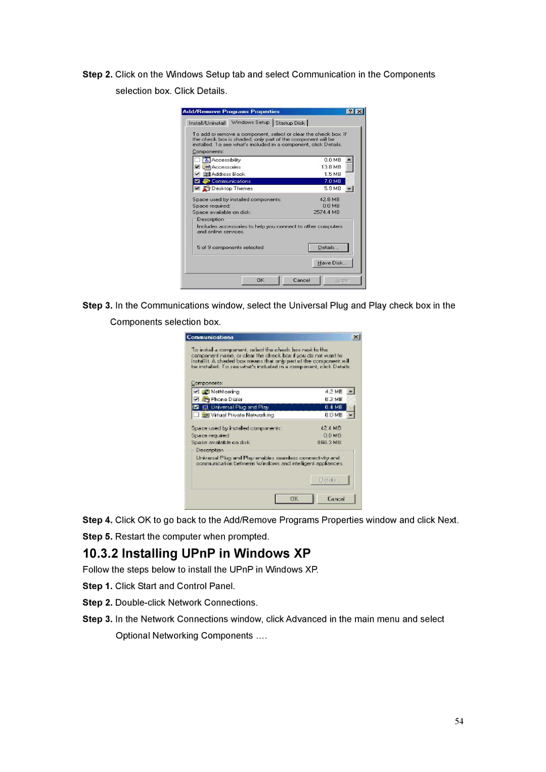 Billion Electric Company 5100S user manual Installing UPnP in Windows XP 