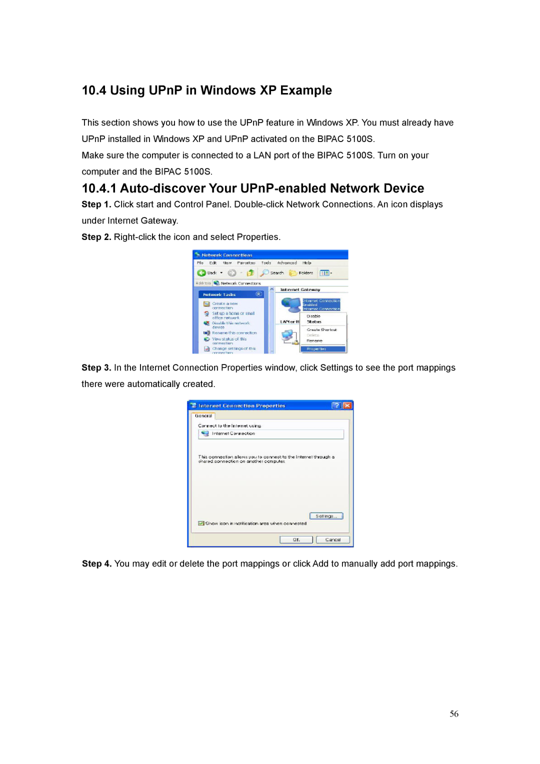 Billion Electric Company 5100S user manual Using UPnP in Windows XP Example, Auto-discover Your UPnP-enabled Network Device 