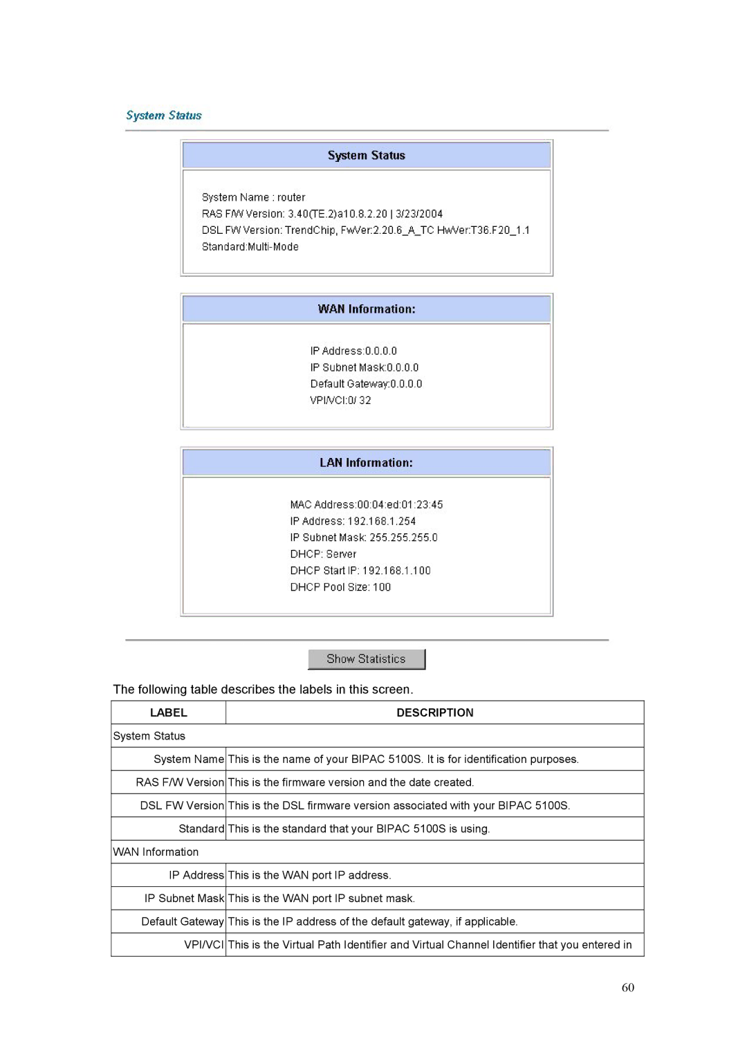 Billion Electric Company 5100S user manual Following table describes the labels in this screen 