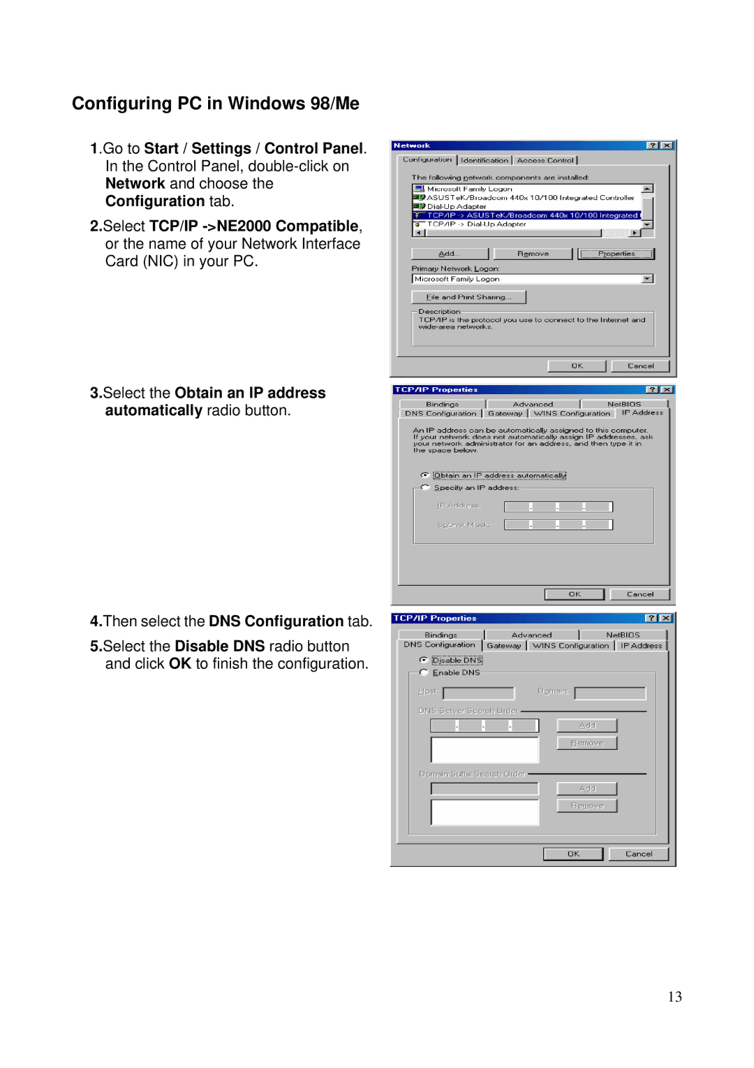 Billion Electric Company 5200N user manual Configuring PC in Windows 98/Me 