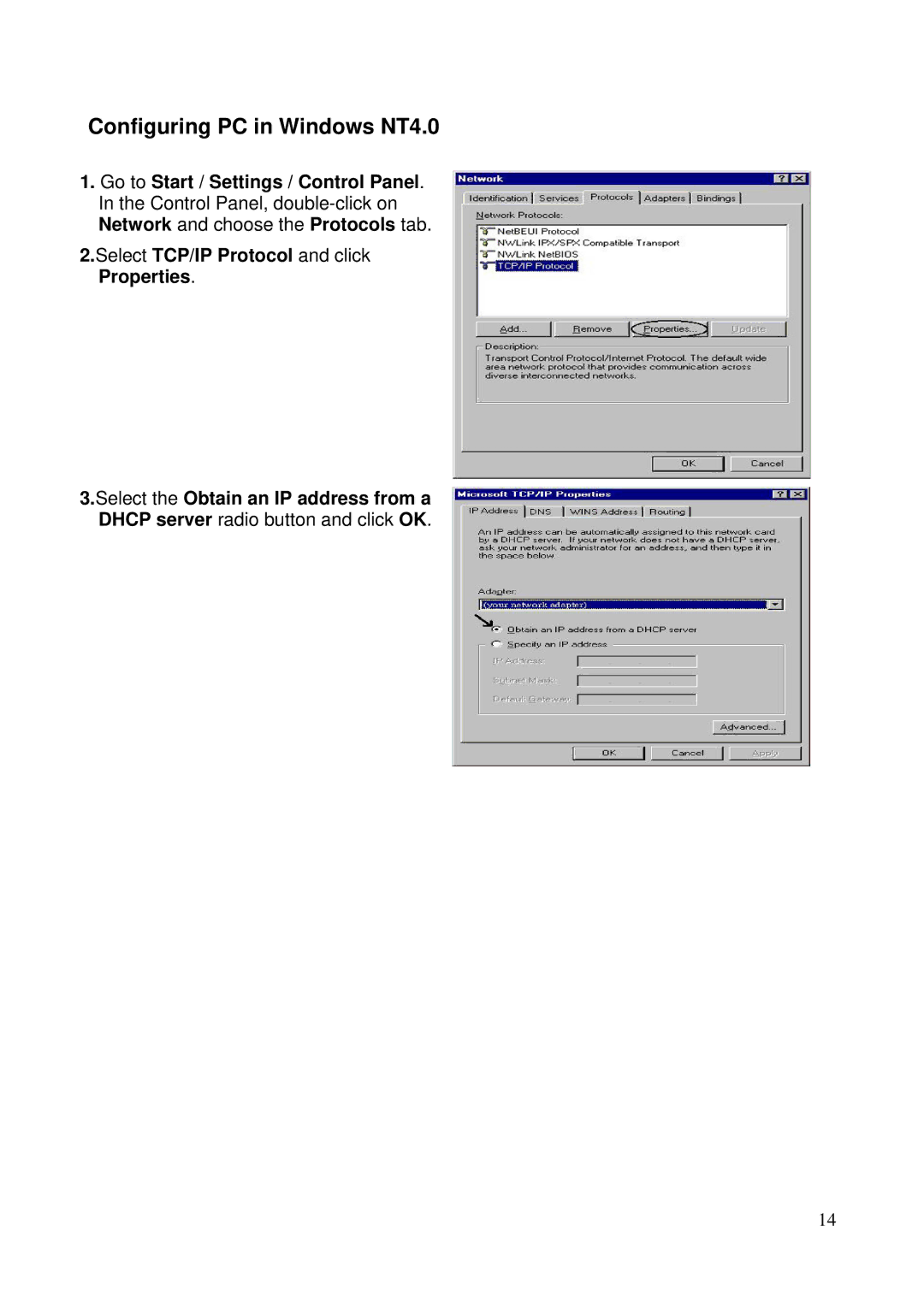 Billion Electric Company 5200N user manual Configuring PC in Windows NT4.0, Select TCP/IP Protocol and click Properties 