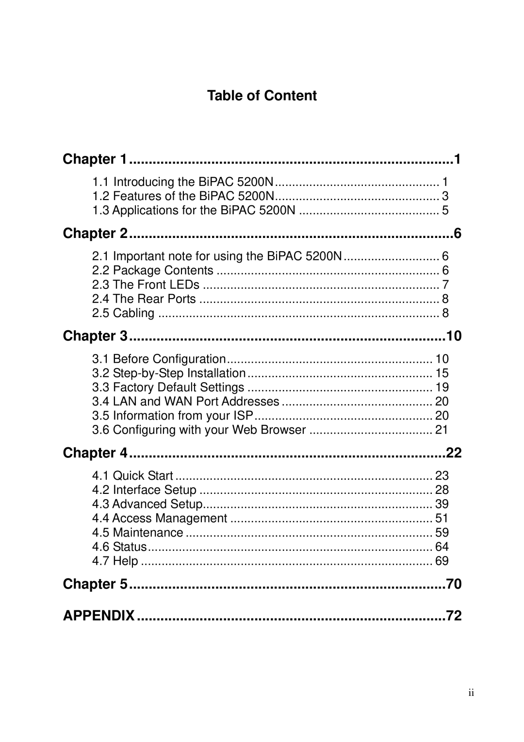 Billion Electric Company 5200N user manual Table of Content, Chapter 