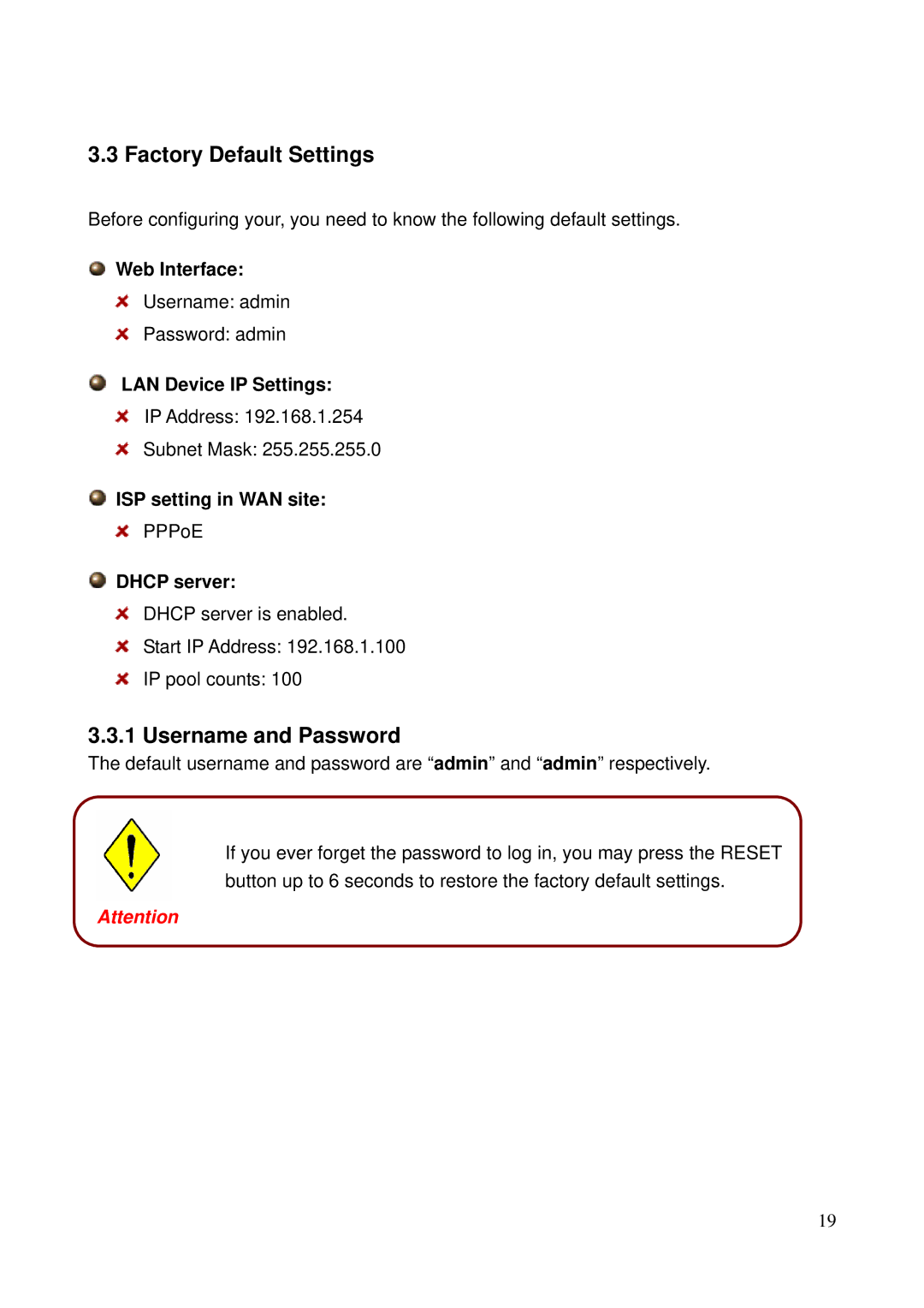 Billion Electric Company 5200N user manual Factory Default Settings, Username and Password 