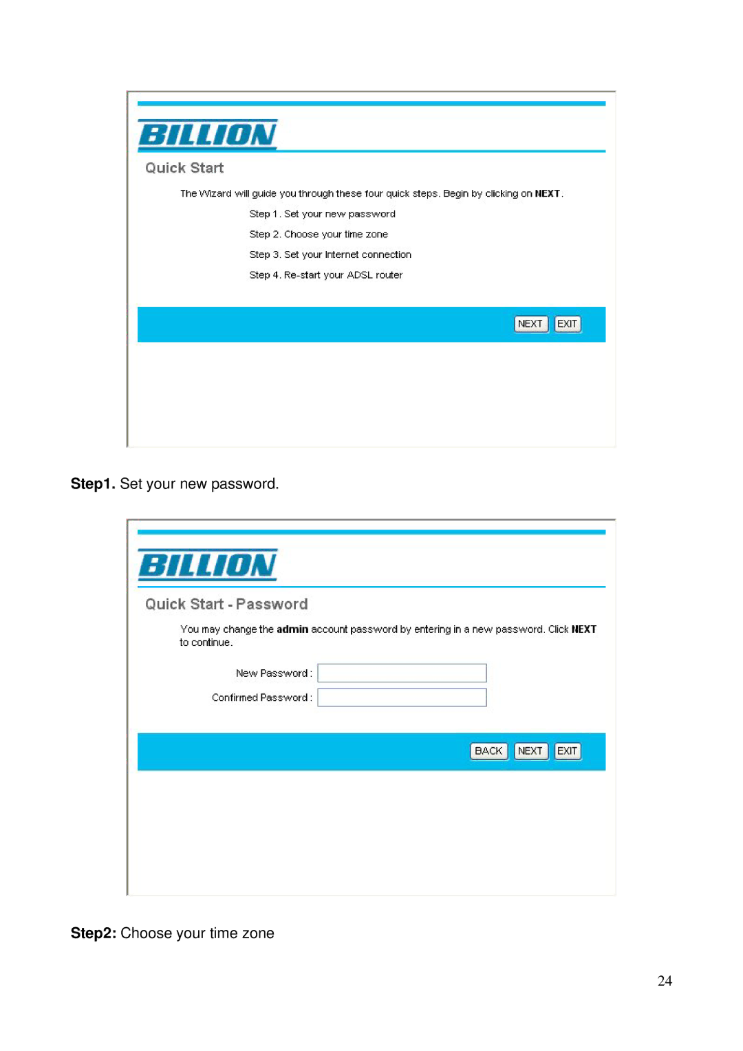 Billion Electric Company 5200N user manual Set your new password Choose your time zone 