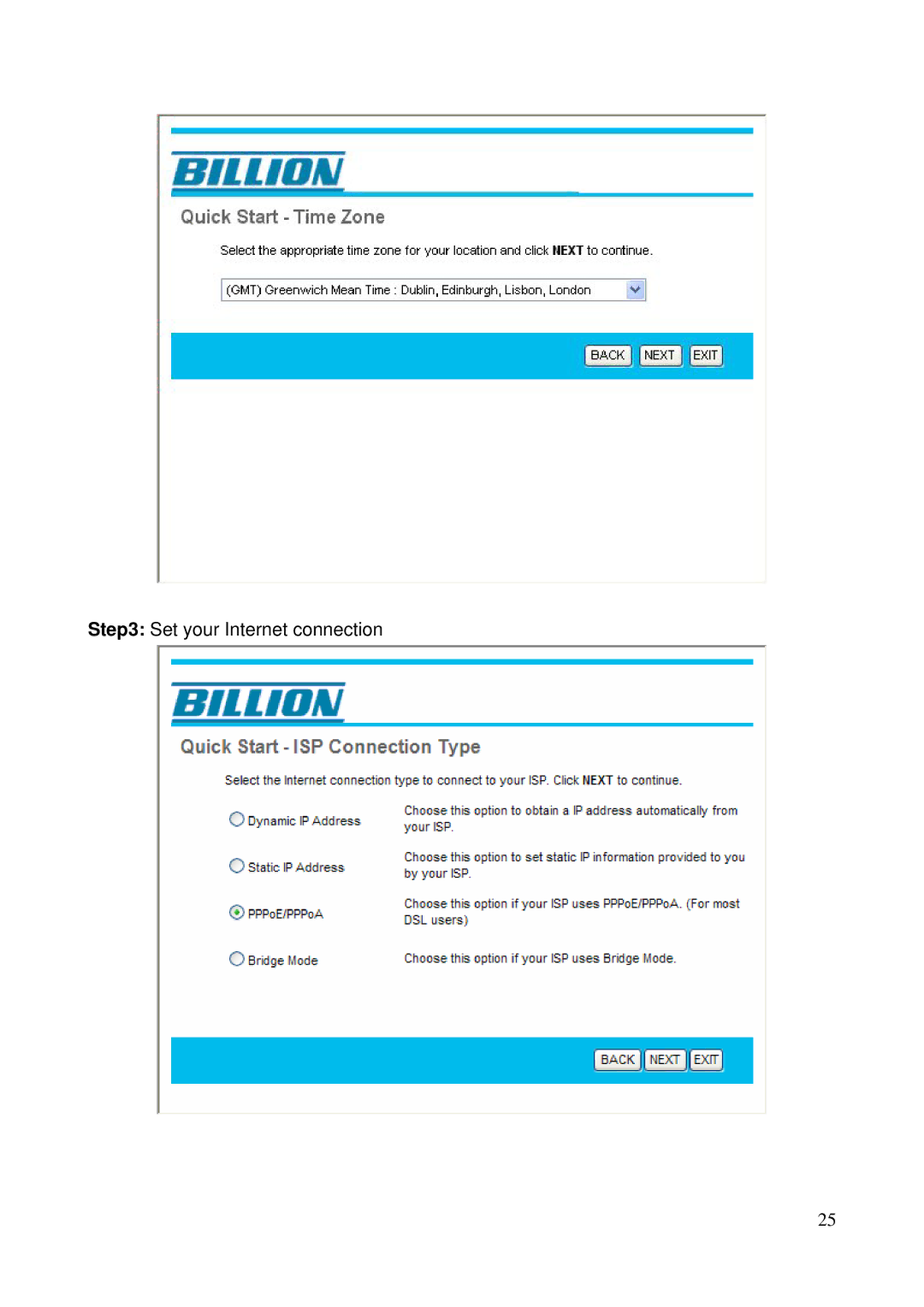 Billion Electric Company 5200N user manual Set your Internet connection 