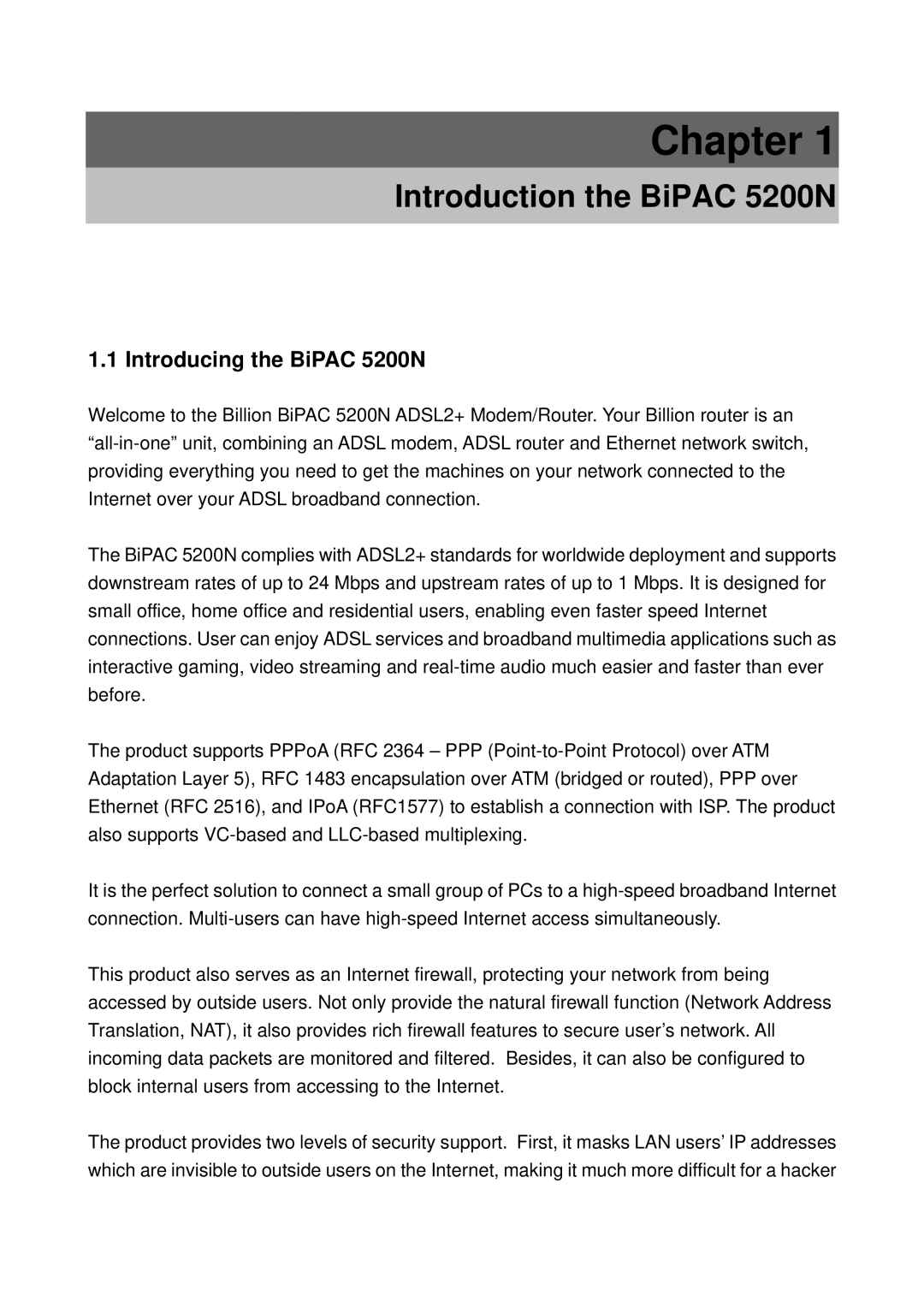 Billion Electric Company user manual Chapter, Introducing the BiPAC 5200N 