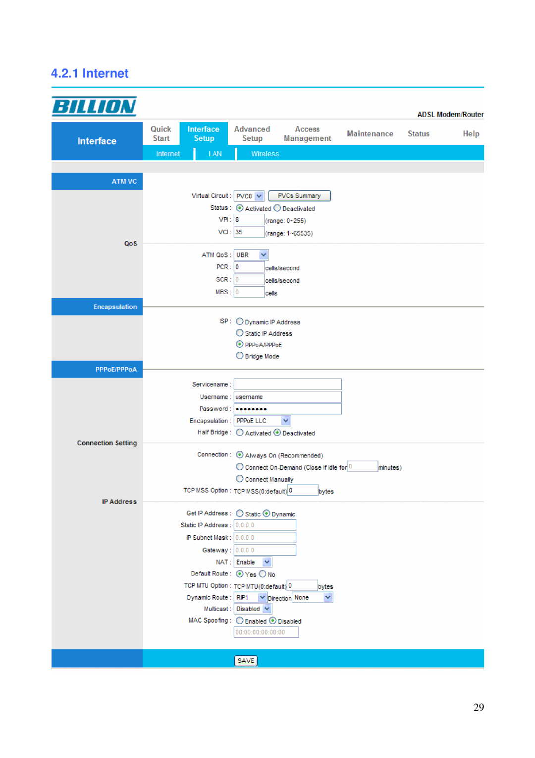 Billion Electric Company 5200N user manual Internet 