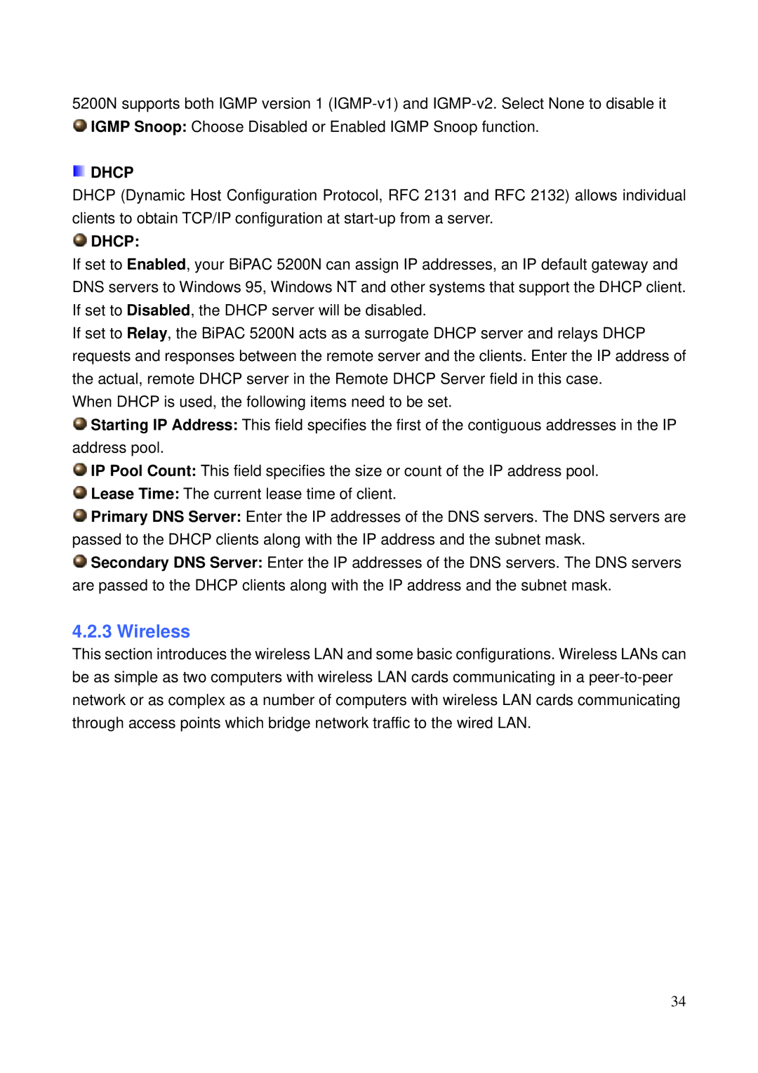 Billion Electric Company 5200N user manual Wireless, Dhcp 