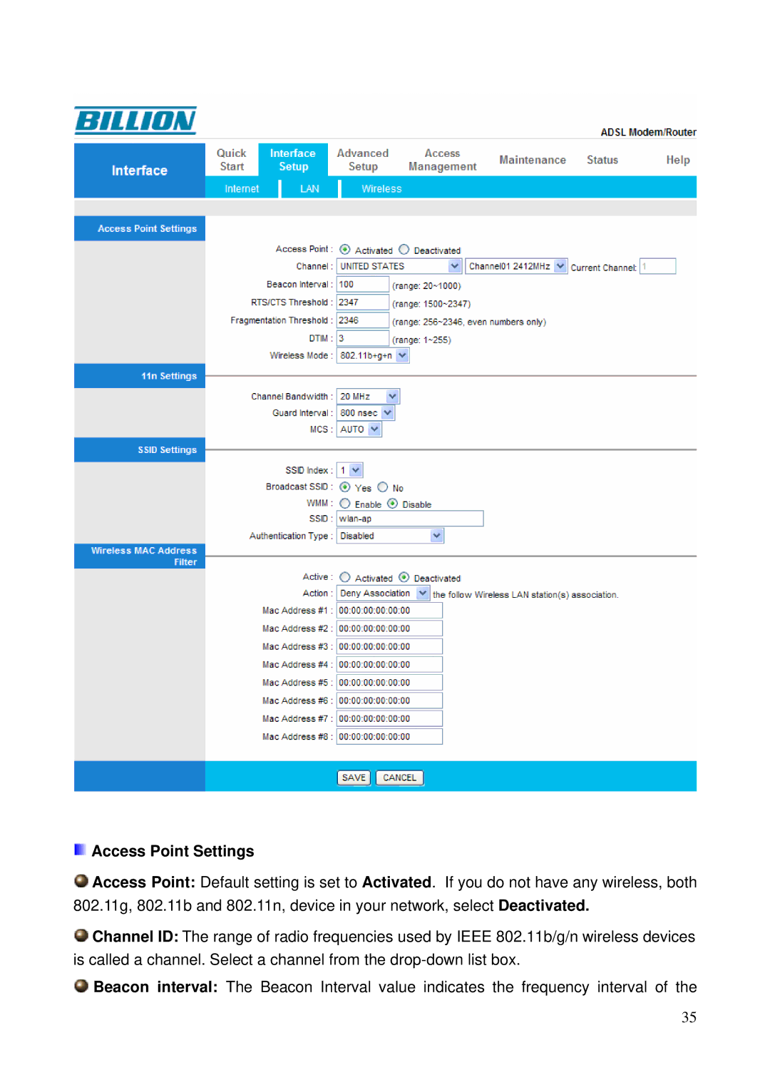 Billion Electric Company 5200N user manual Access Point Settings 