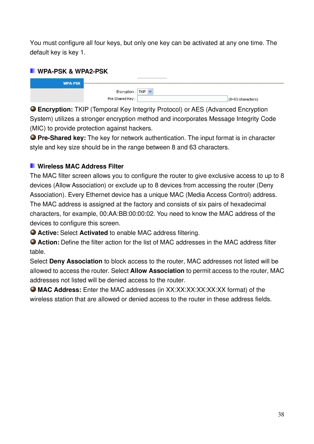 Billion Electric Company 5200N user manual WPA-PSK & WPA2-PSK, Wireless MAC Address Filter 