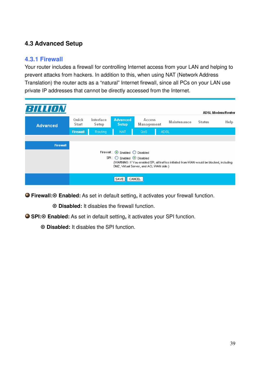 Billion Electric Company 5200N user manual Advanced Setup, Firewall 