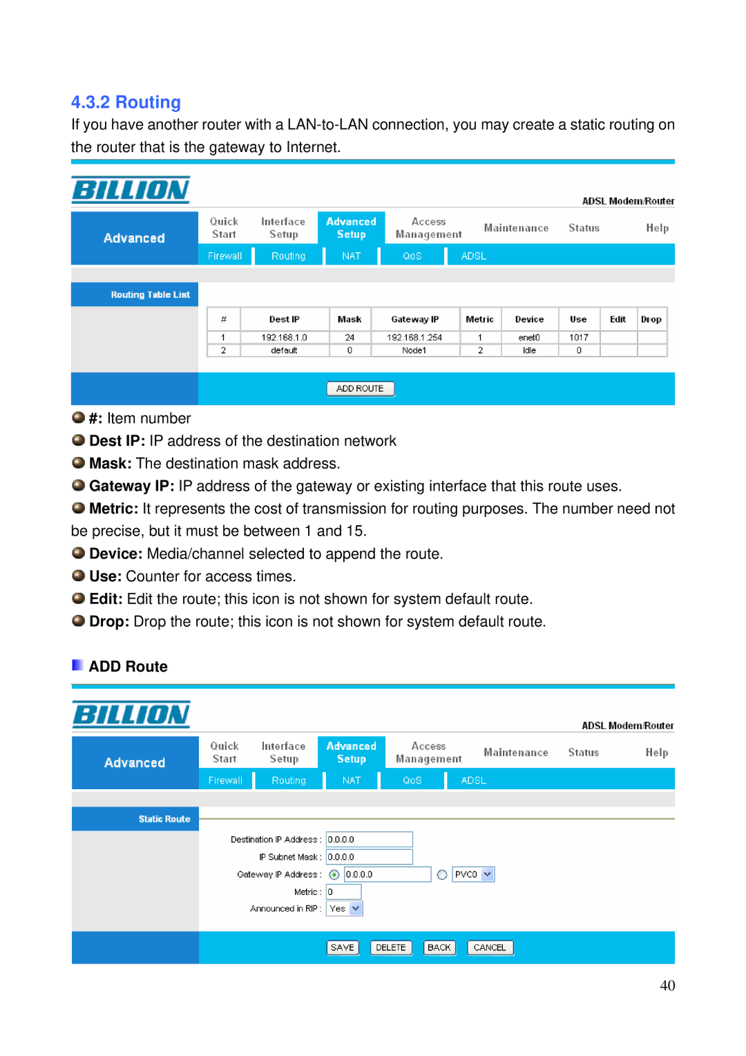 Billion Electric Company 5200N user manual Routing, ADD Route 