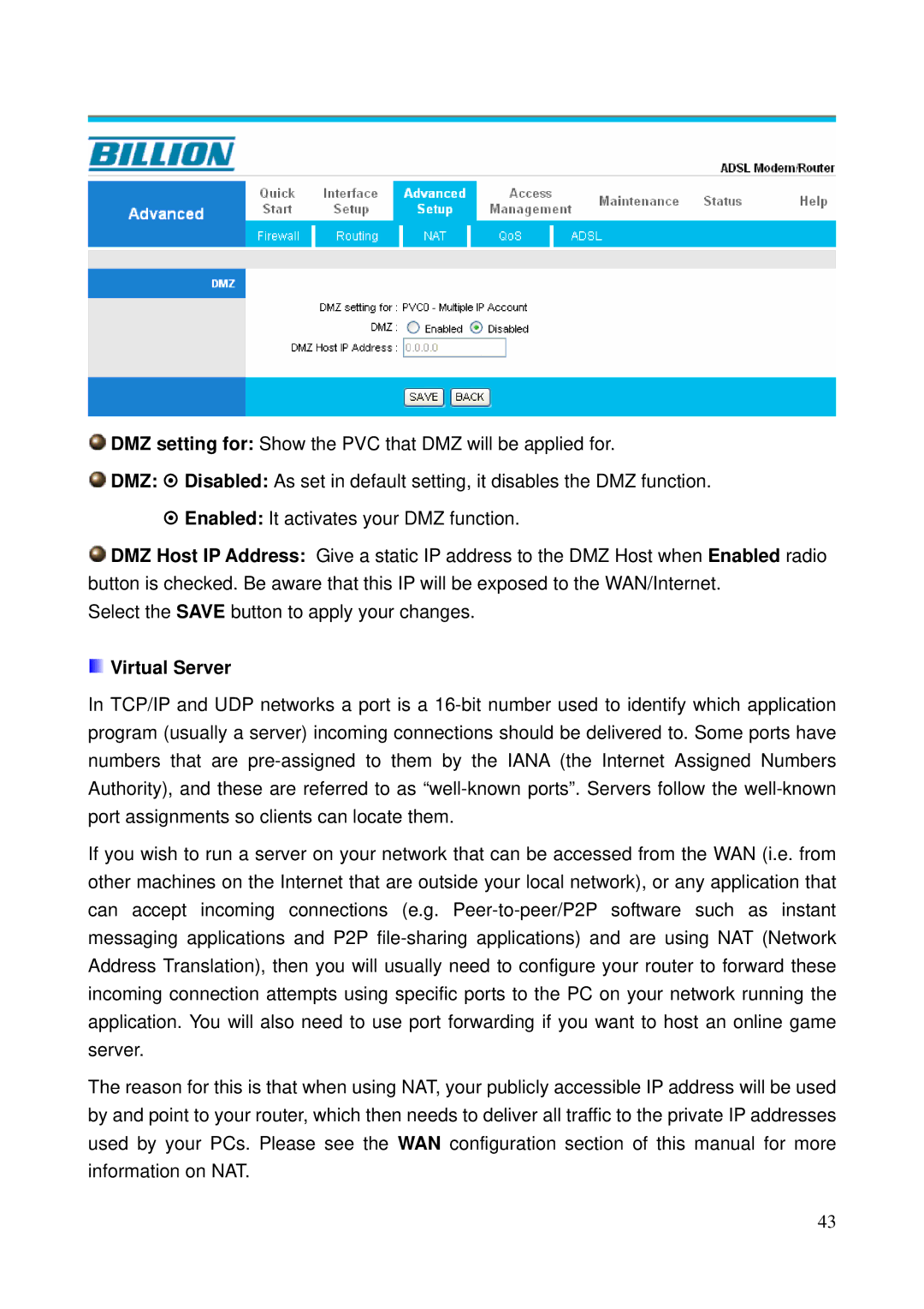 Billion Electric Company 5200N user manual Virtual Server 