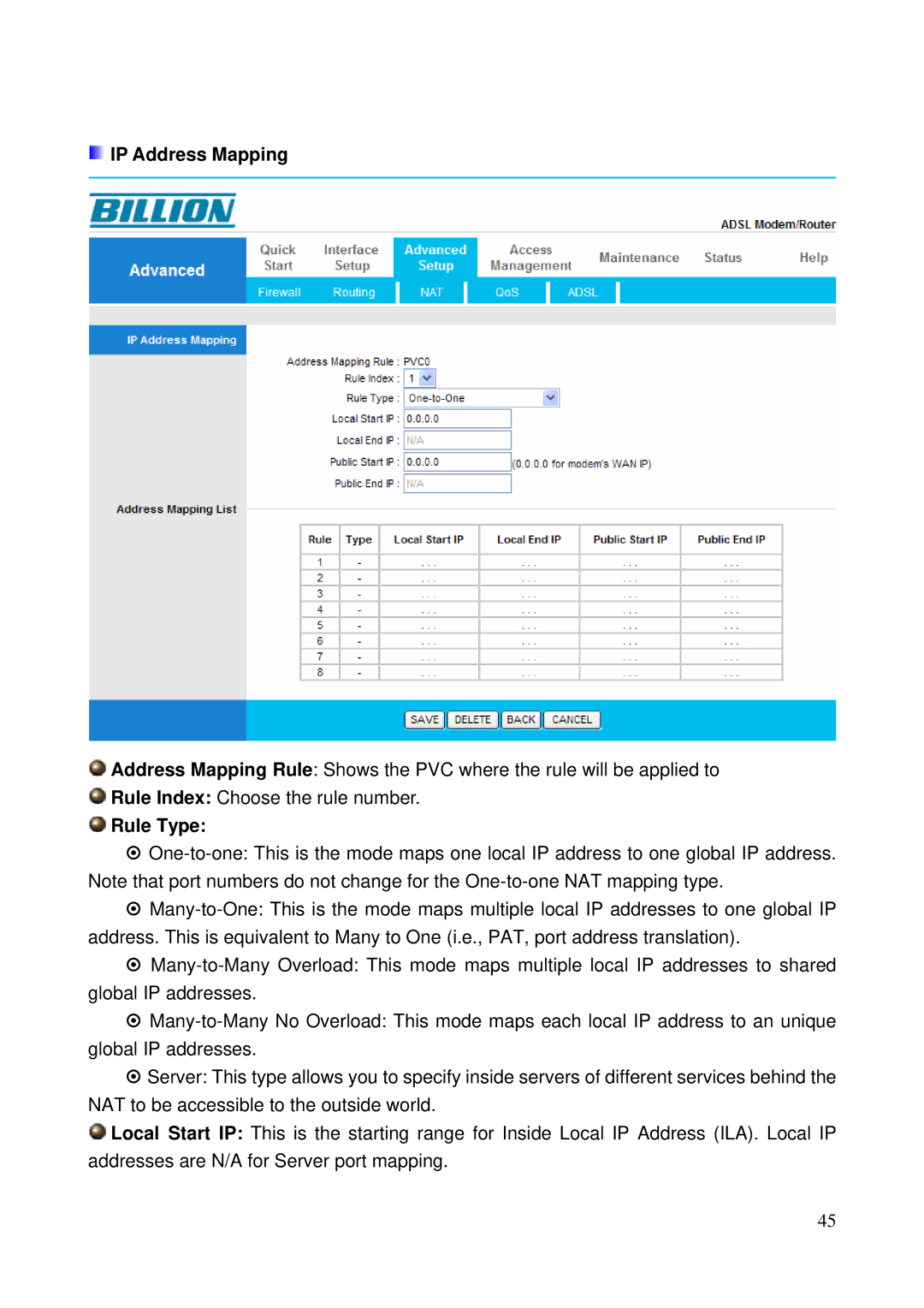 Billion Electric Company 5200N user manual IP Address Mapping, Rule Type 