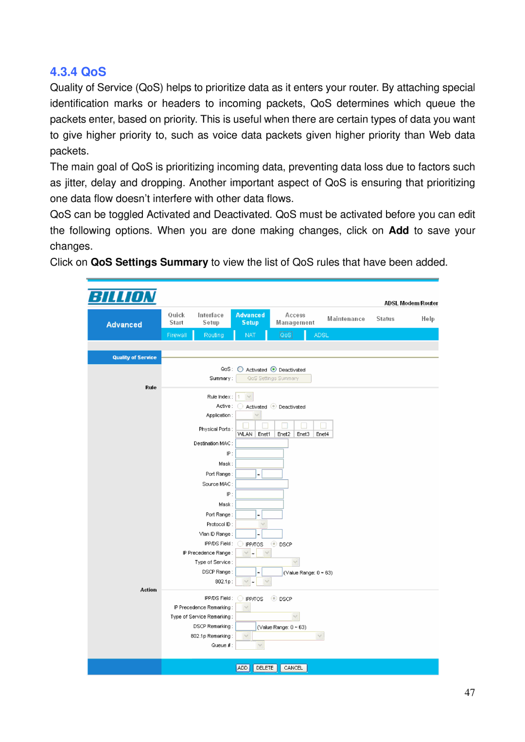 Billion Electric Company 5200N user manual 4 QoS 