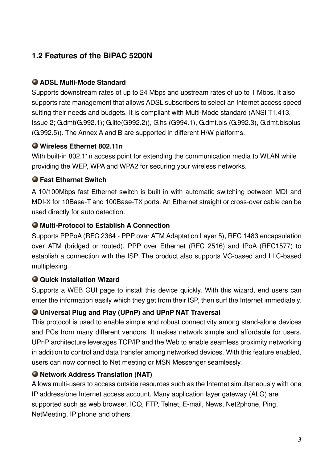 Billion Electric Company user manual Features of the BiPAC 5200N 