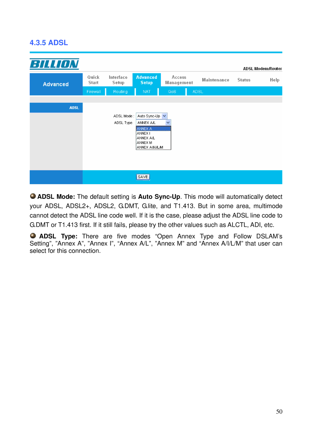 Billion Electric Company 5200N user manual Adsl 