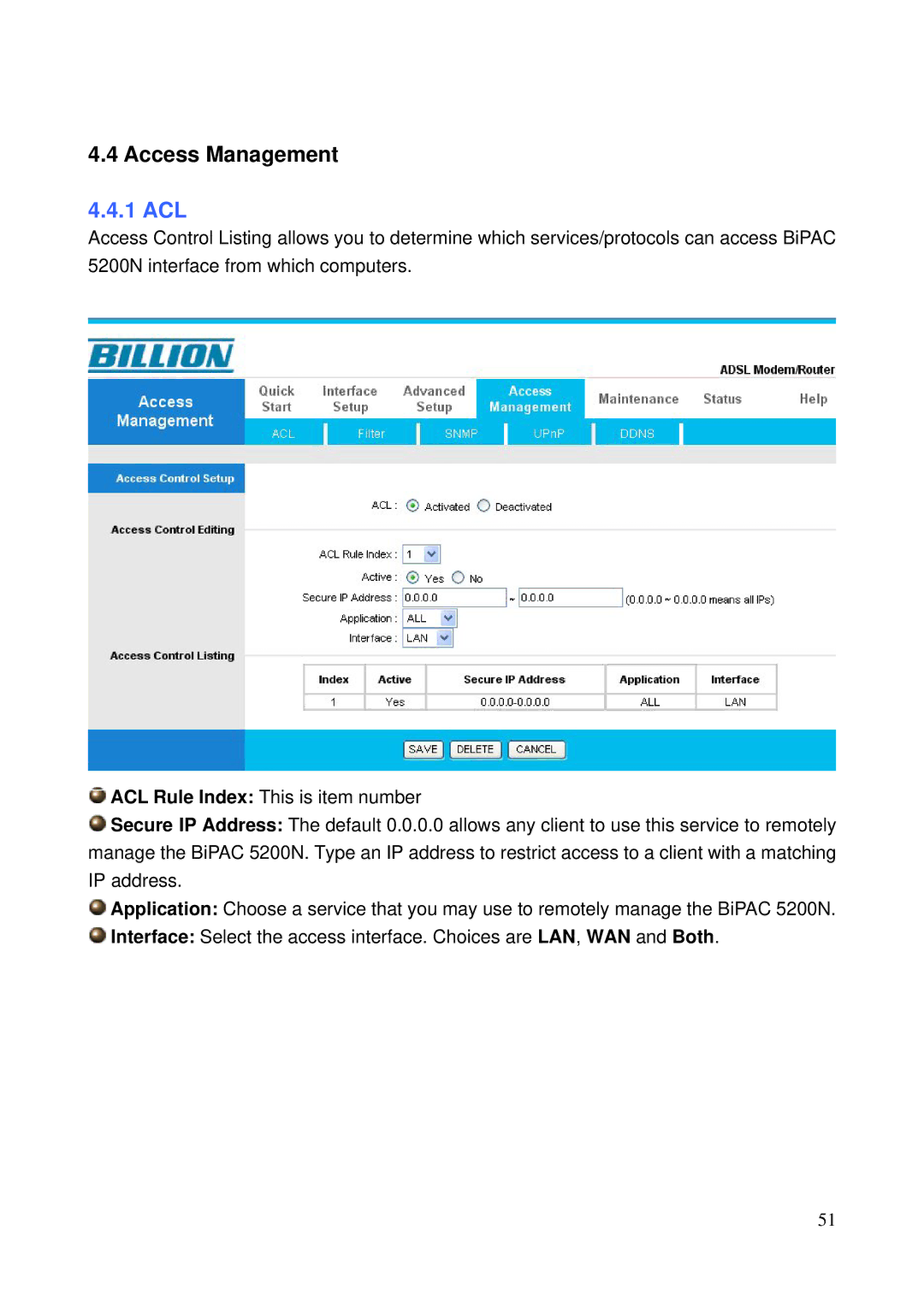 Billion Electric Company 5200N user manual Access Management, 1 ACL 