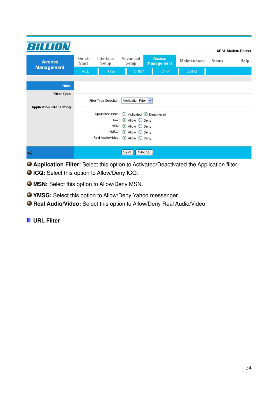 Billion Electric Company 5200N user manual URL Filter 