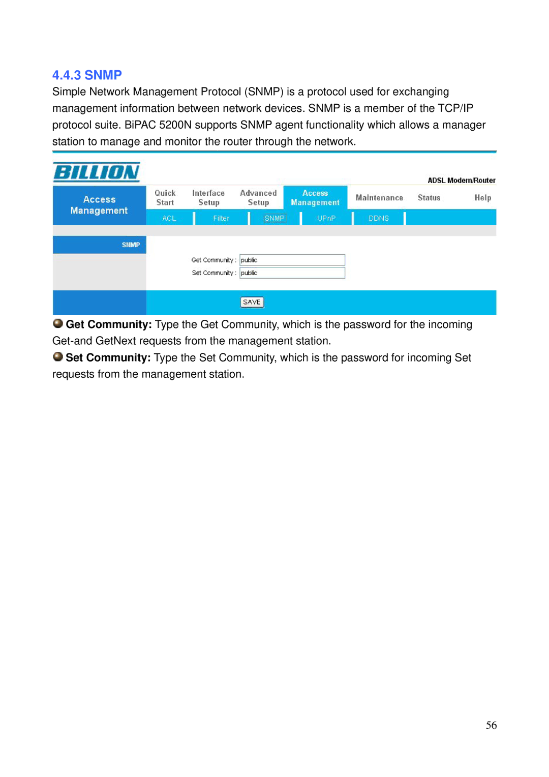 Billion Electric Company 5200N user manual Snmp 