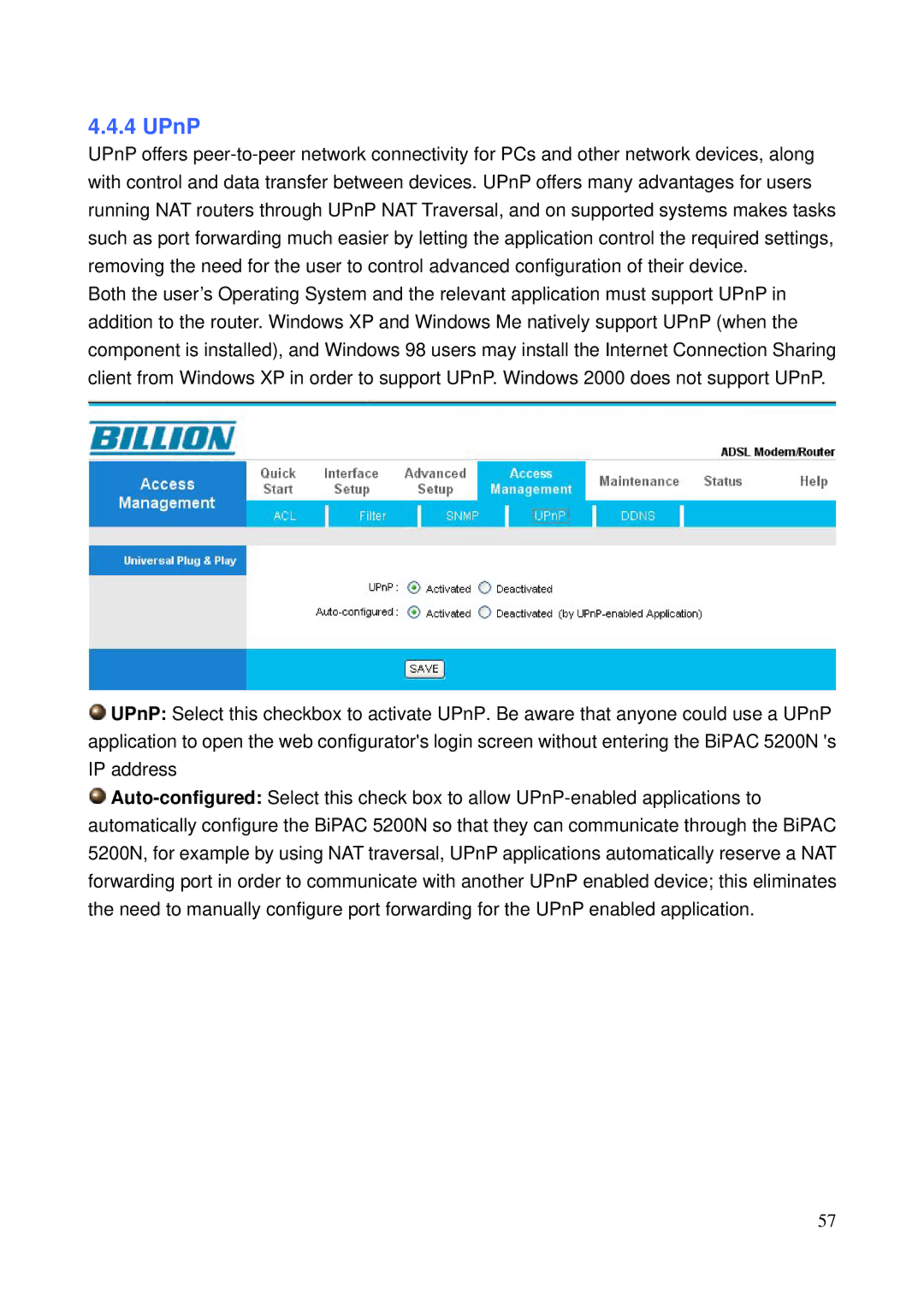 Billion Electric Company 5200N user manual UPnP 