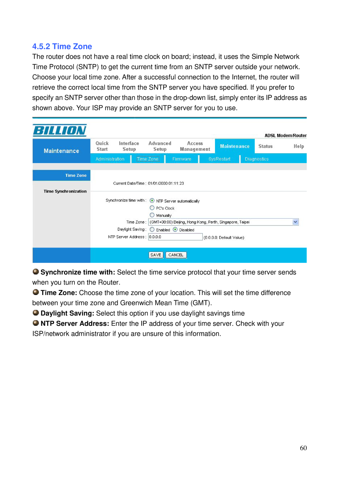 Billion Electric Company 5200N user manual Time Zone 