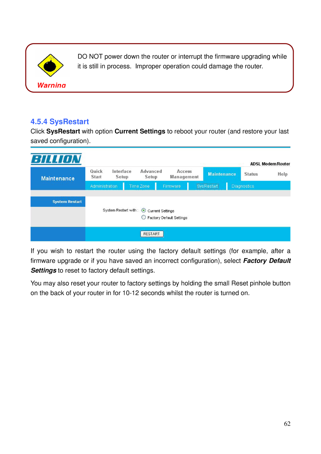 Billion Electric Company 5200N user manual SysRestart 