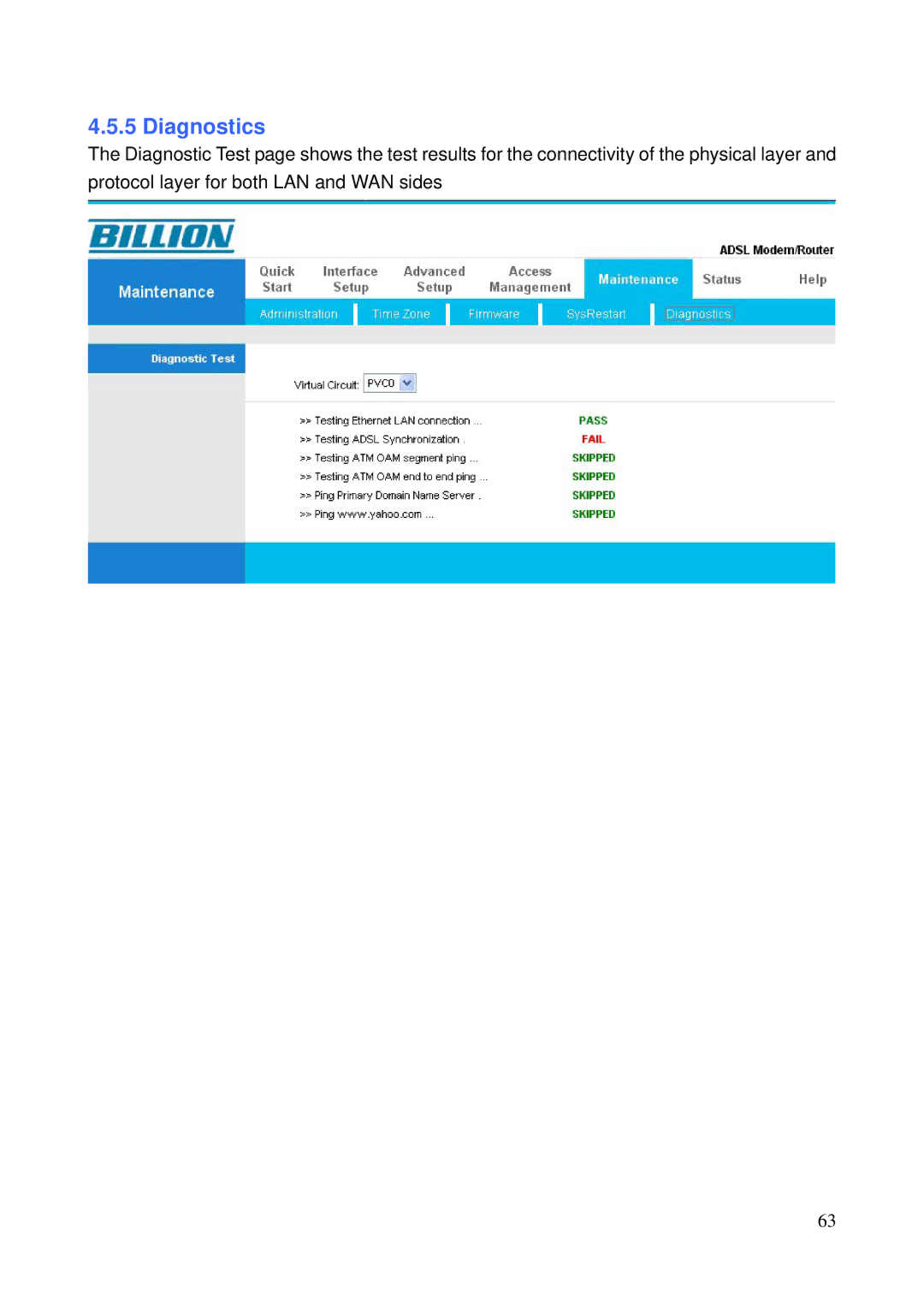 Billion Electric Company 5200N user manual Diagnostics 