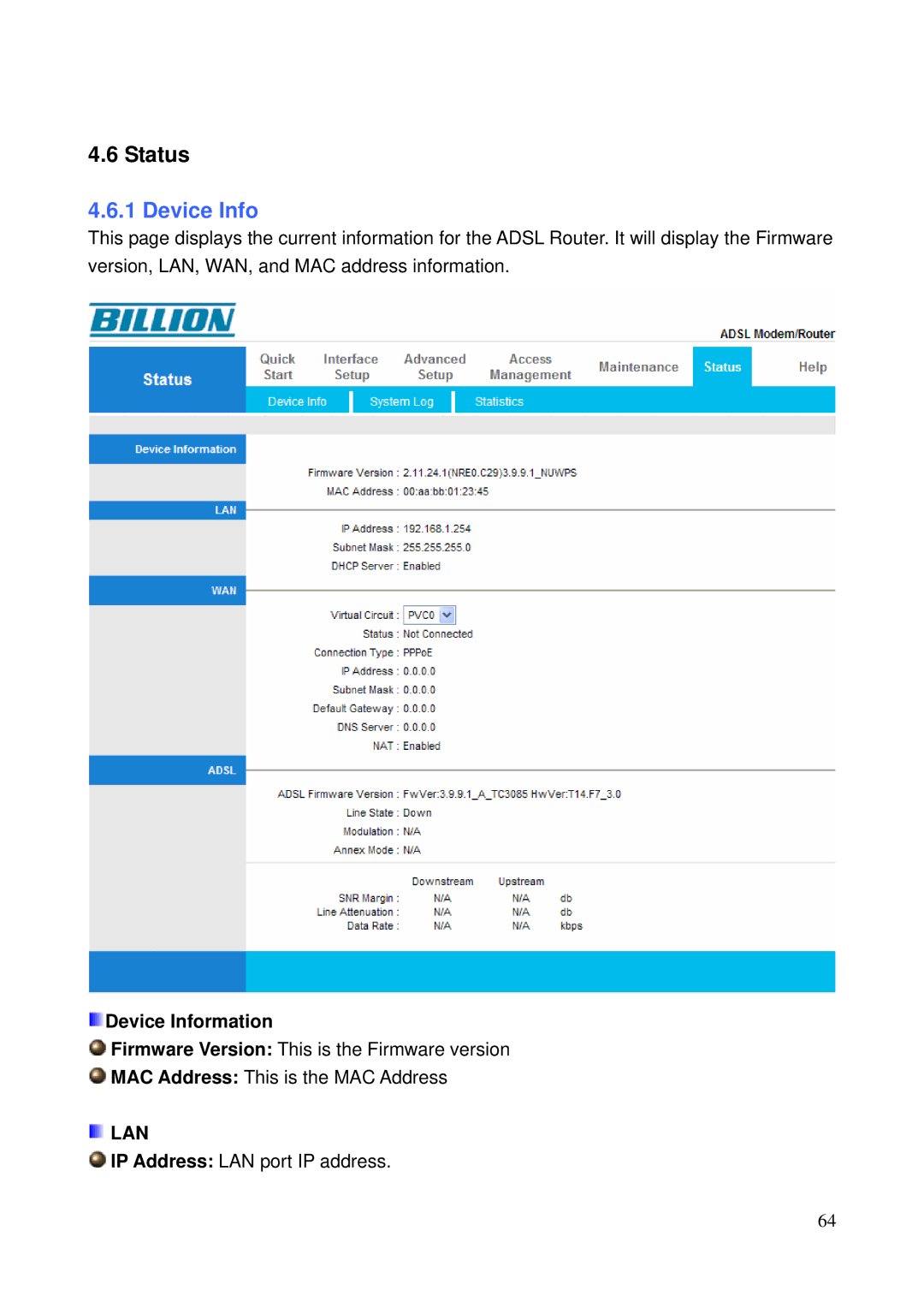 Billion Electric Company 5200N user manual Status, Device Information, Lan 