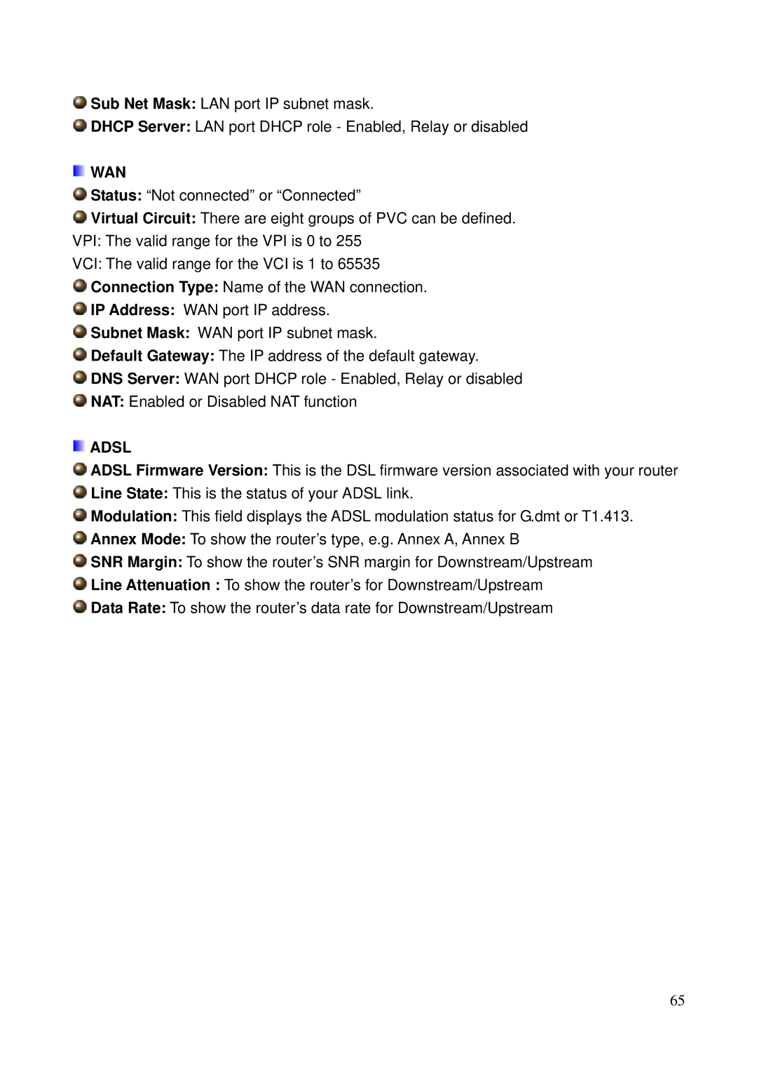 Billion Electric Company 5200N user manual Wan, Adsl 