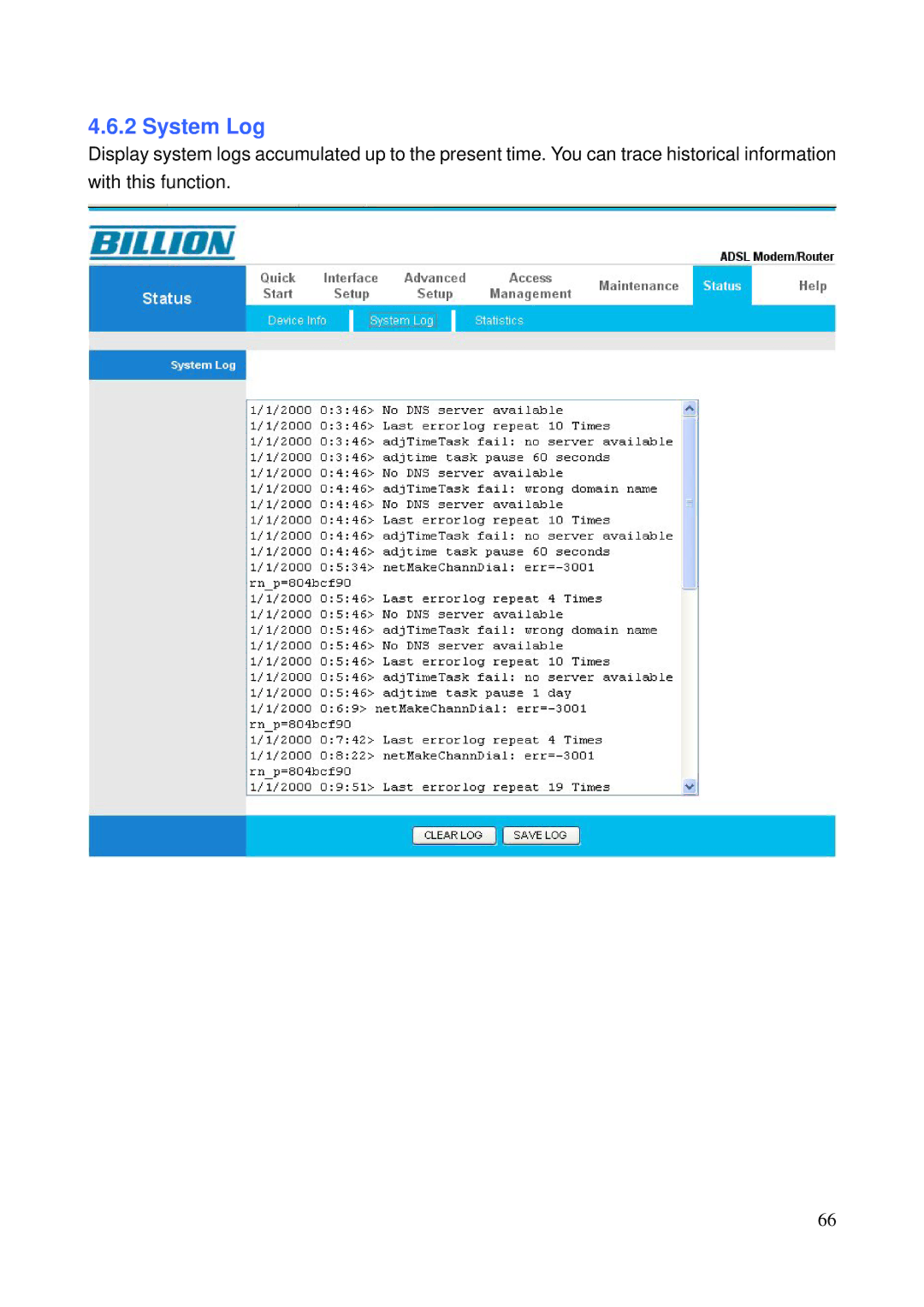 Billion Electric Company 5200N user manual System Log 