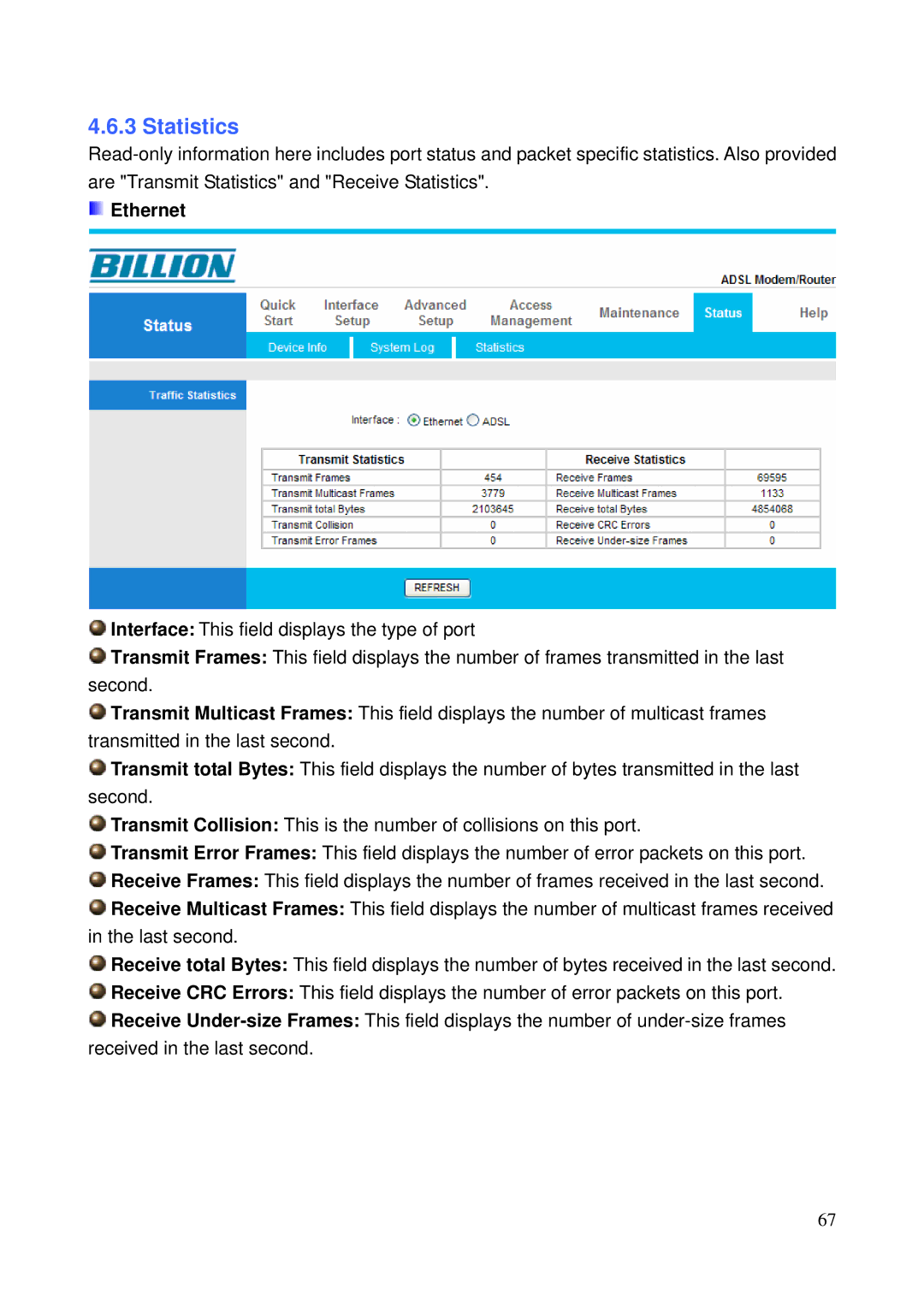 Billion Electric Company 5200N user manual Statistics, Ethernet 