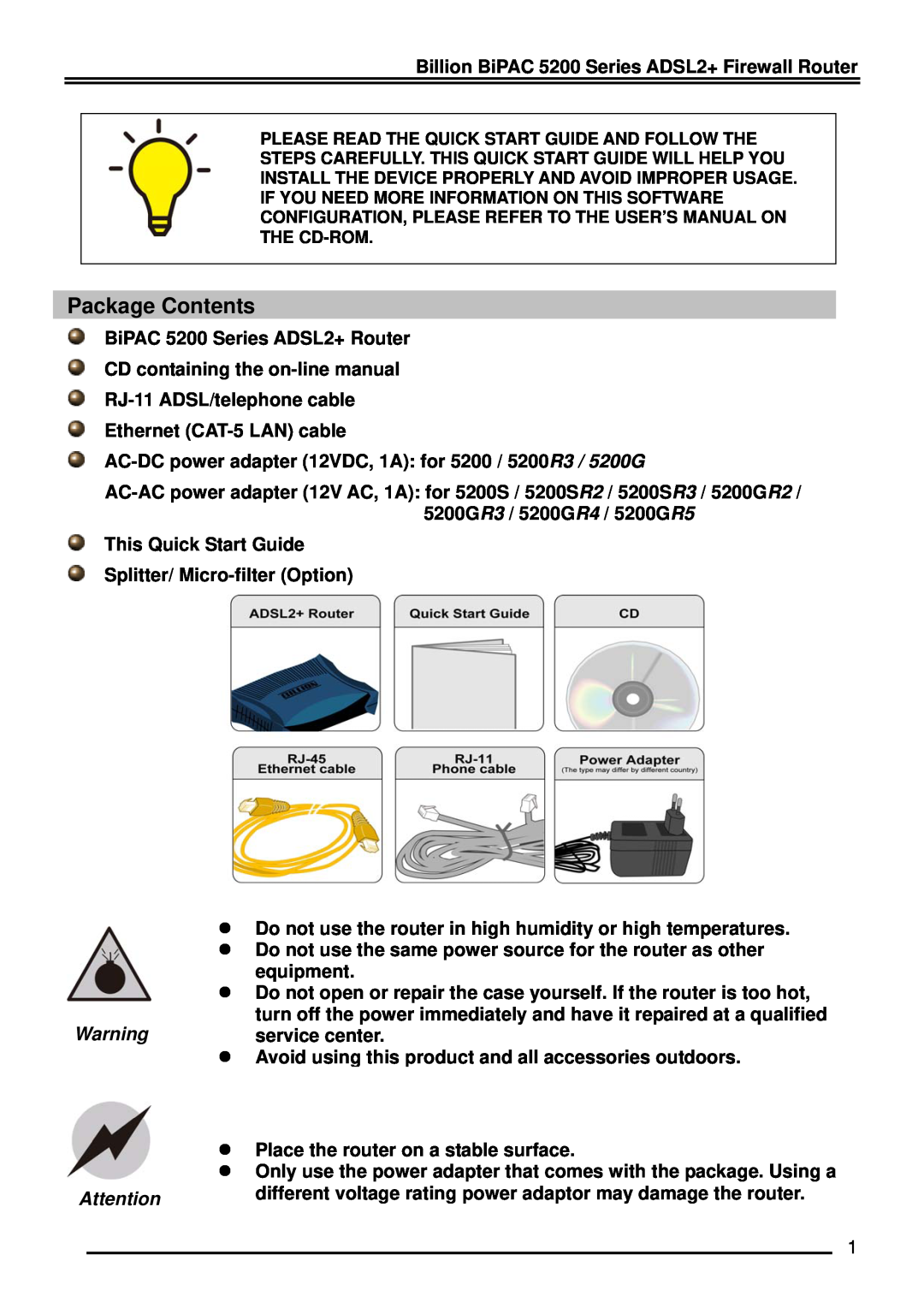 Billion Electric Company 5200S Series quick start Package Contents, Billion BiPAC 5200 Series ADSL2+ Firewall Router 