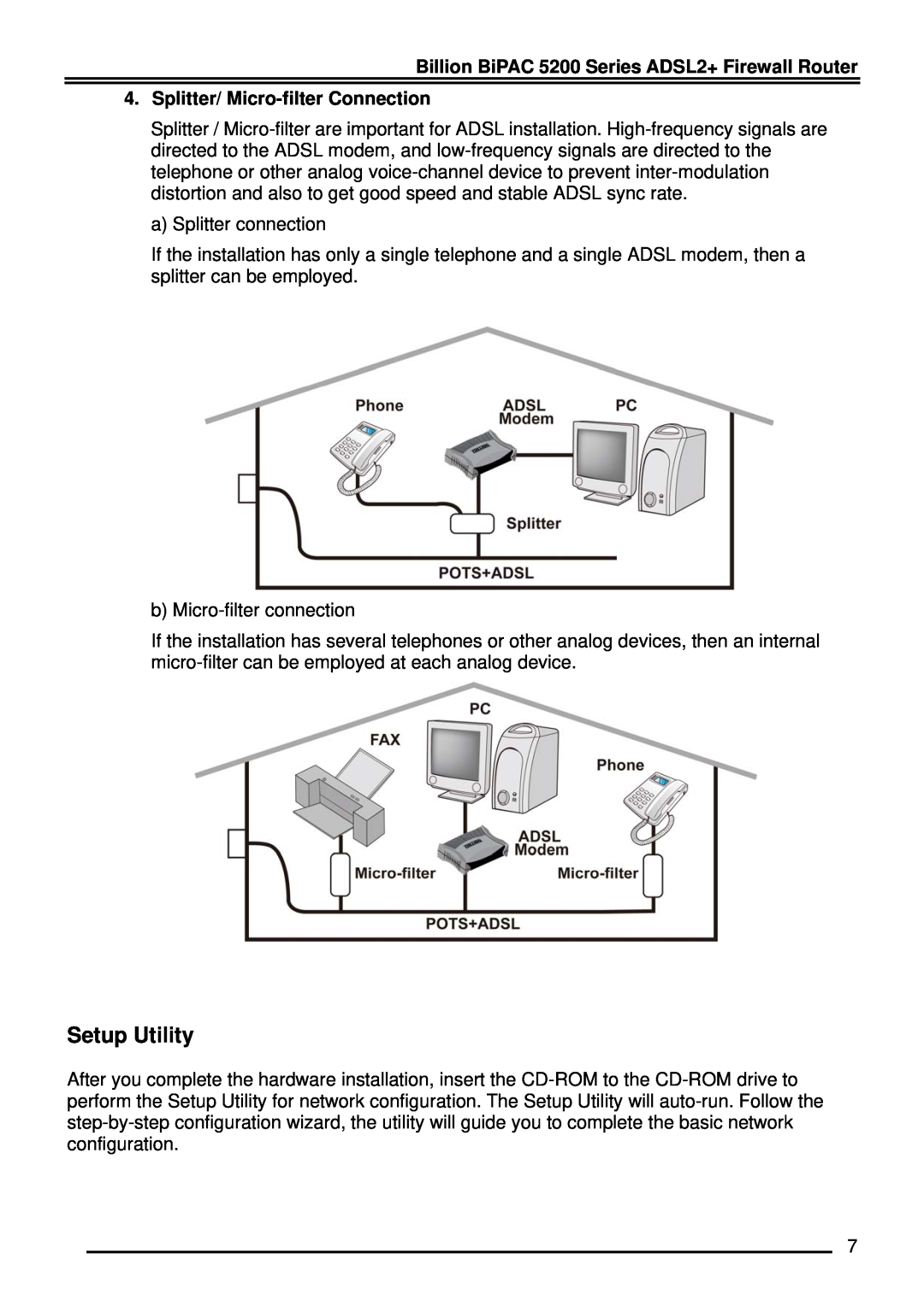 Billion Electric Company 5200S Series quick start Setup Utility, Splitter/ Micro-filter Connection 