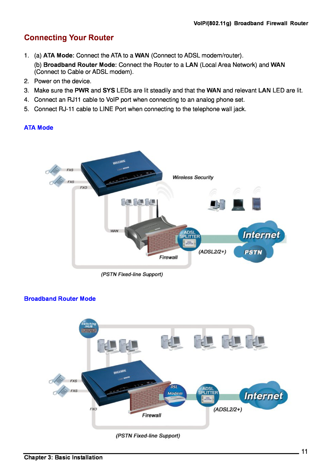 Billion Electric Company 6404VP, 6404VGP user manual Connecting Your Router, ATA Mode Broadband Router Mode 