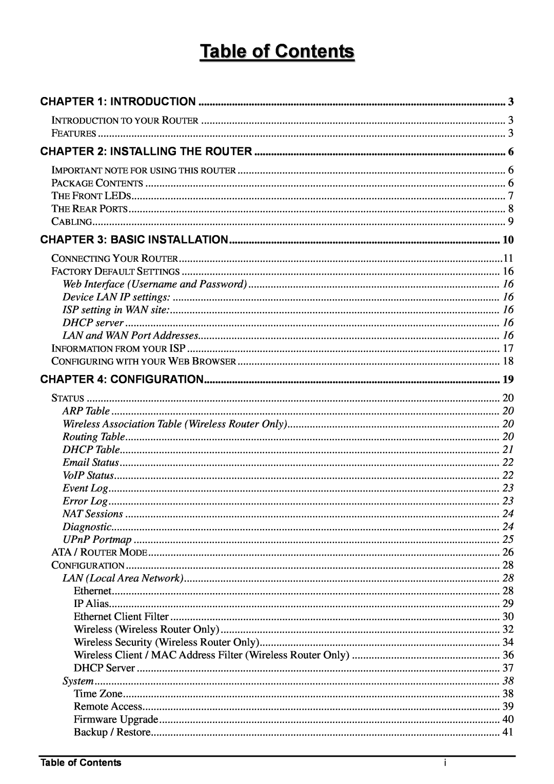 Billion Electric Company 6404VP, 6404VGP user manual Table of Contents 