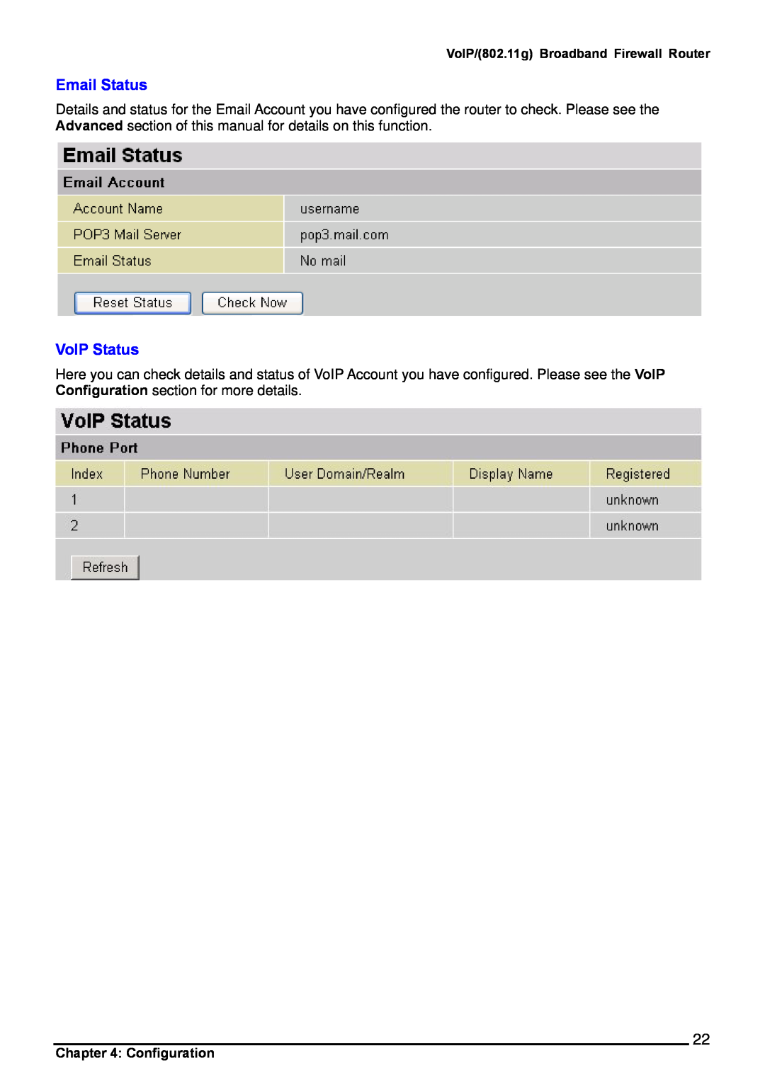 Billion Electric Company 6404VGP, 6404VP user manual Email Status, VoIP Status 