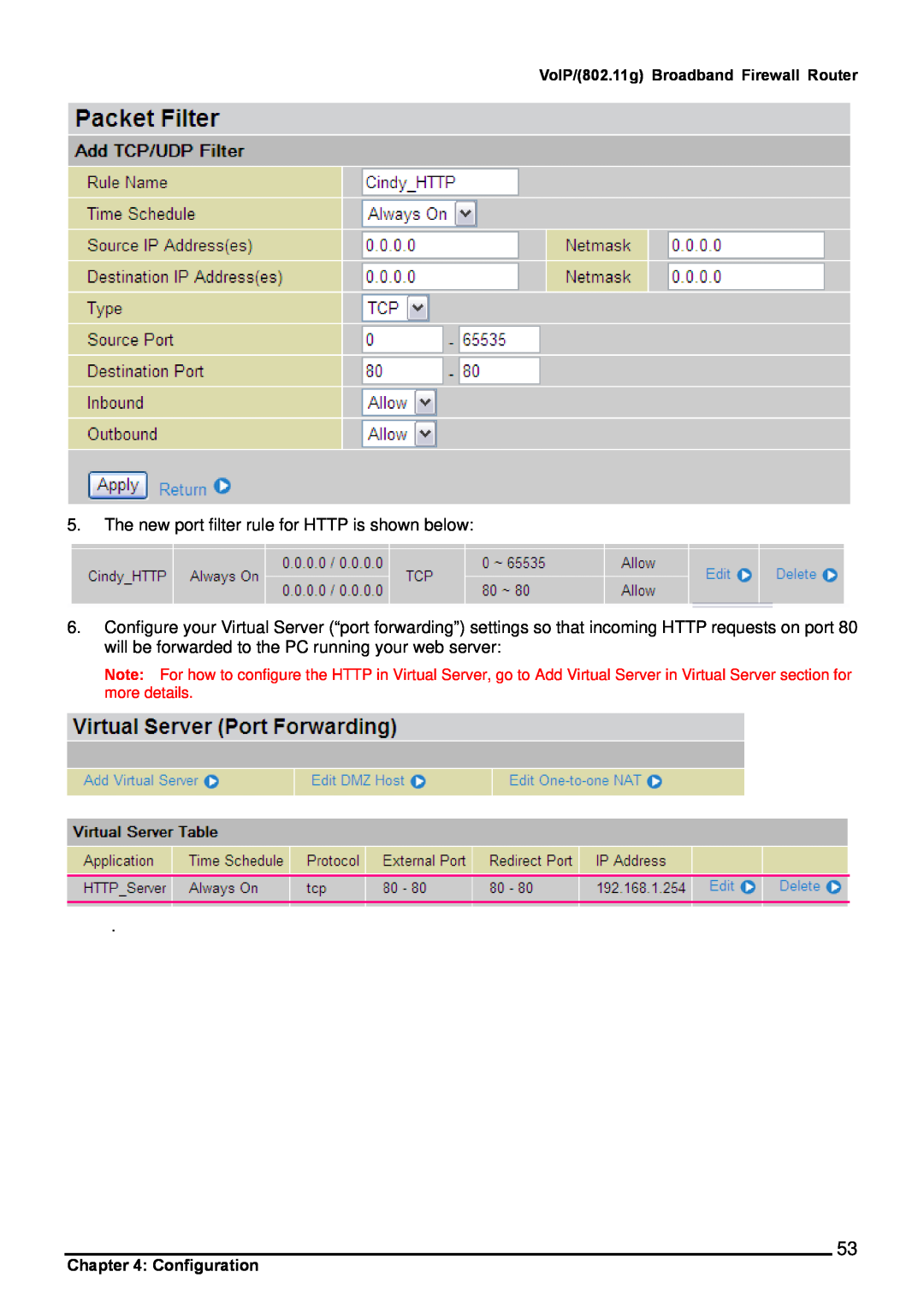 Billion Electric Company 6404VP, 6404VGP user manual The new port filter rule for HTTP is shown below, Configuration 