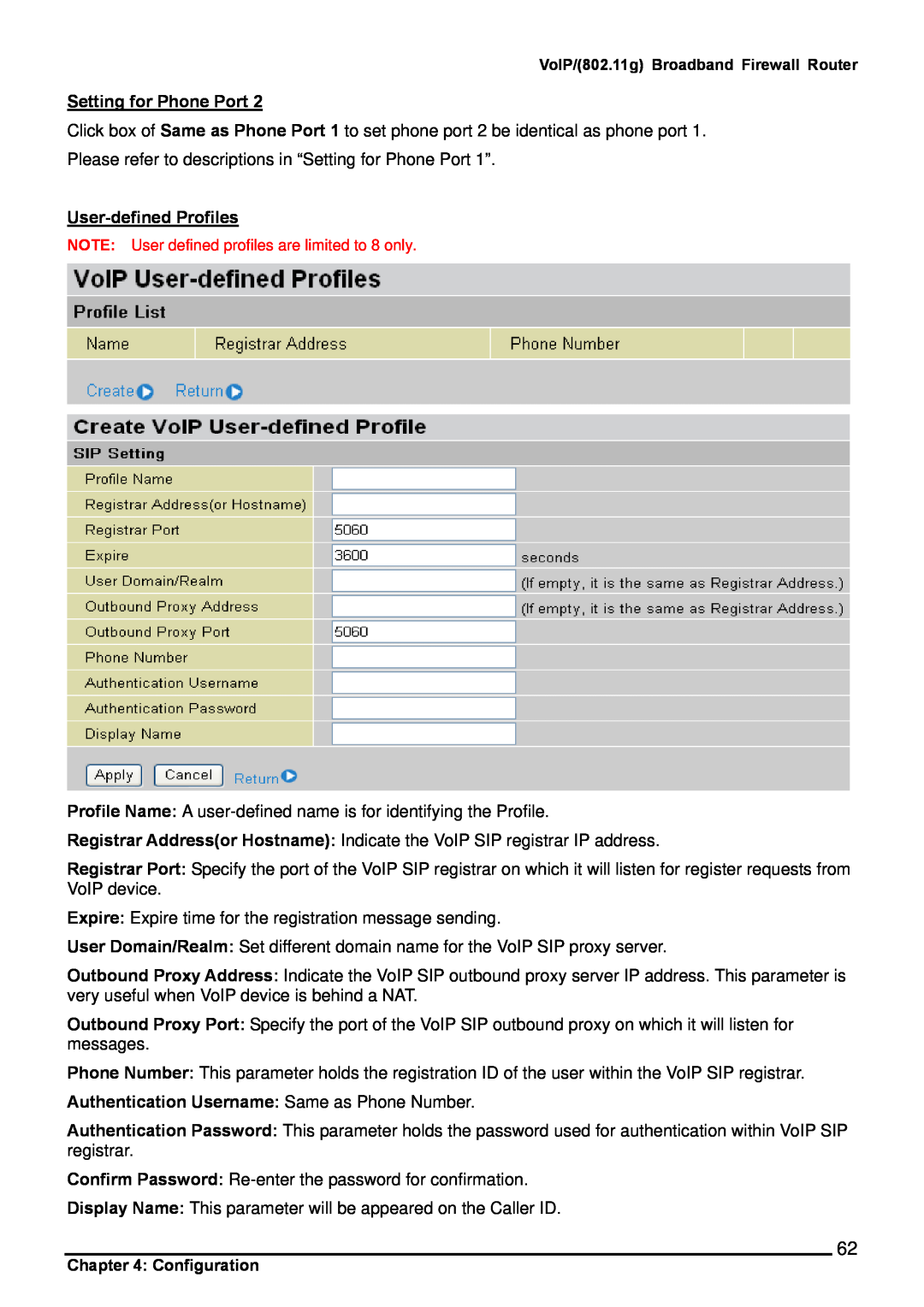 Billion Electric Company 6404VGP, 6404VP user manual Setting for Phone Port, User-defined Profiles 