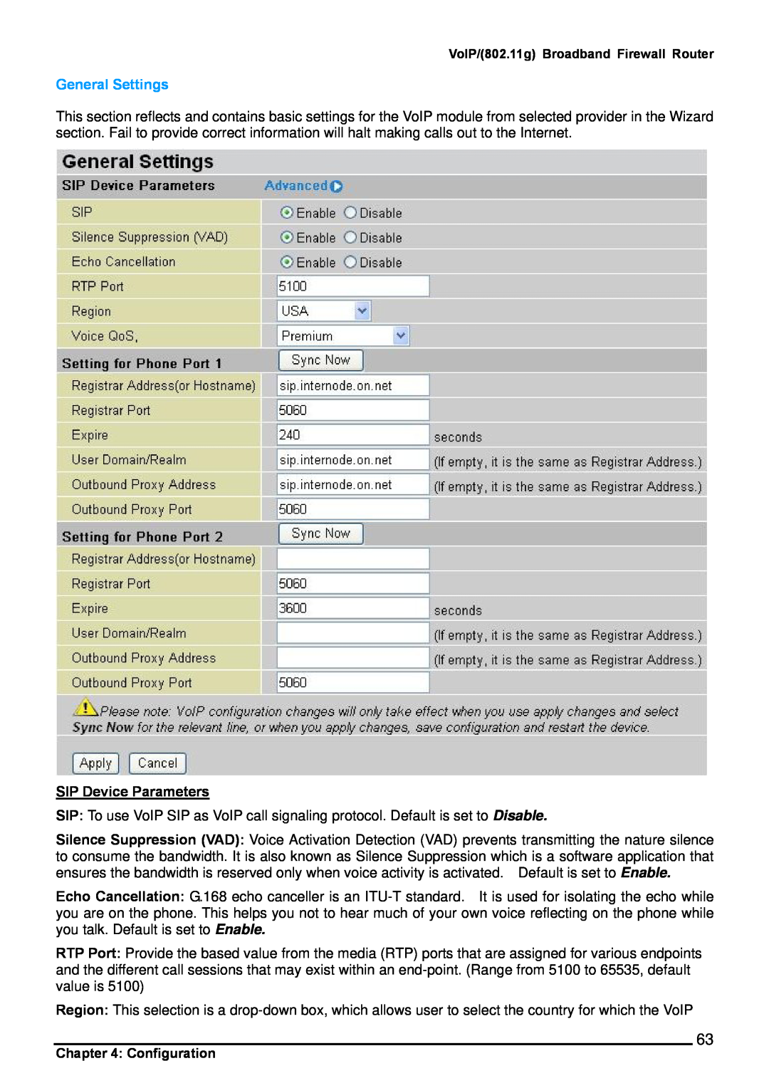 Billion Electric Company 6404VP, 6404VGP user manual General Settings, SIP Device Parameters 