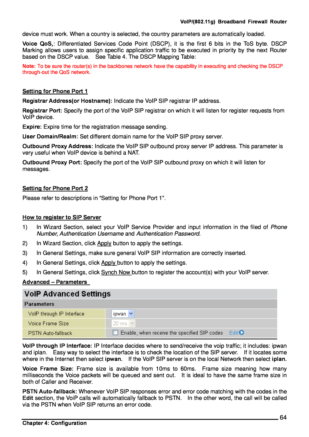 Billion Electric Company 6404VGP, 6404VP Setting for Phone Port, How to register to SIP Server, Advanced - Parameters 