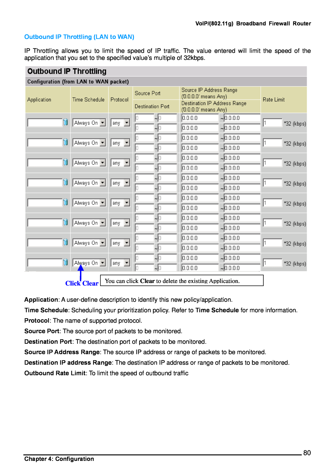 Billion Electric Company 6404VGP, 6404VP user manual Click Clear, Outbound IP Throttling LAN to WAN 