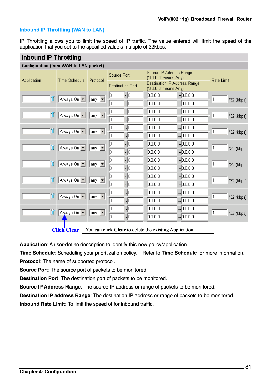 Billion Electric Company 6404VP, 6404VGP user manual Click Clear, Inbound IP Throttling WAN to LAN 