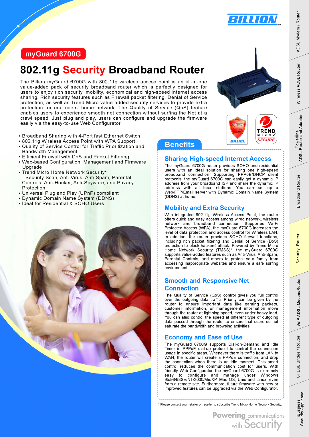 Billion Electric Company manual 802.11g Security Broadband Router, myGuard 6700G, Benefits, Mobility and Extra Security 